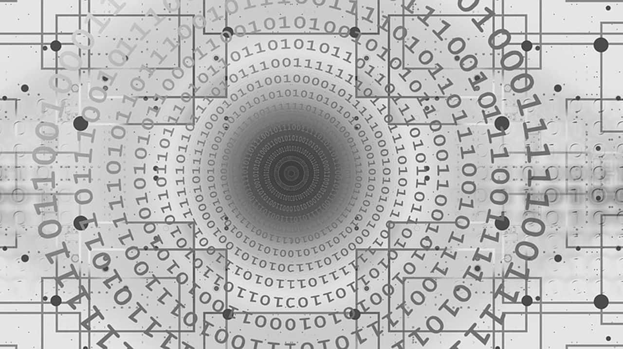 monochrome digital tunnel, glowing binary code, circuitry patterns, HD Desktop Wallpaper