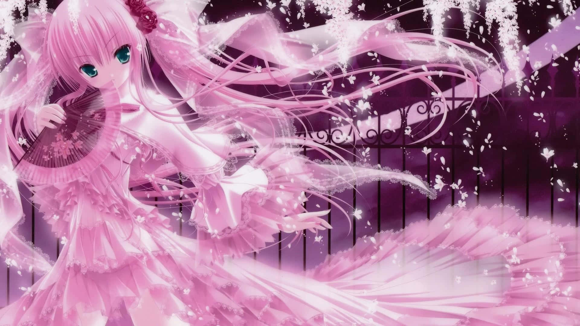 3d girly, pink-haired anime girl, flowing pink dress, Full HD Desktop Wallpaper