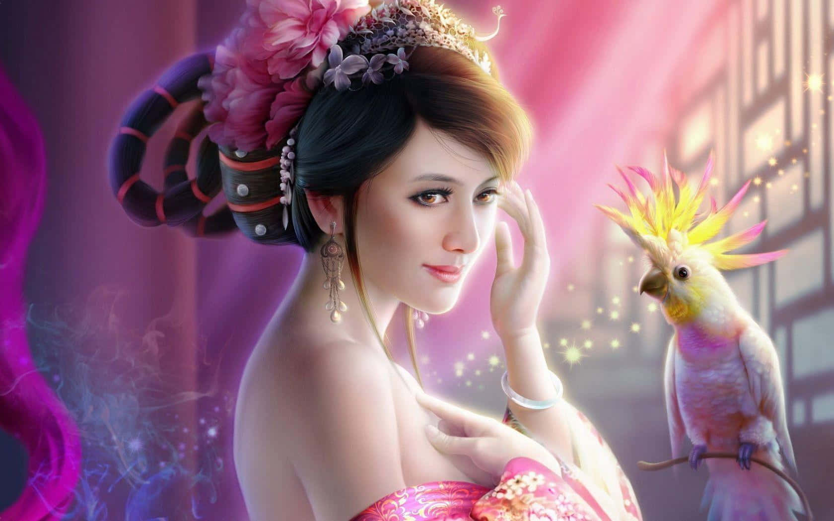 3d Girly, pink attire, floral headdress, HD Desktop Wallpaper