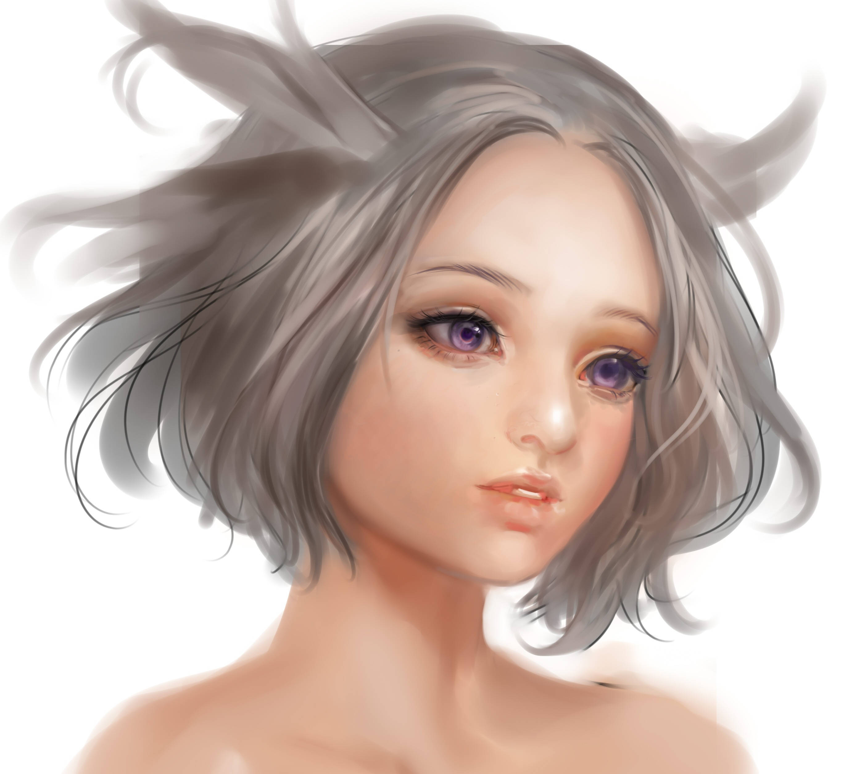 3d anime girl, silver hair, purple eyes, 2K Desktop Wallpaper