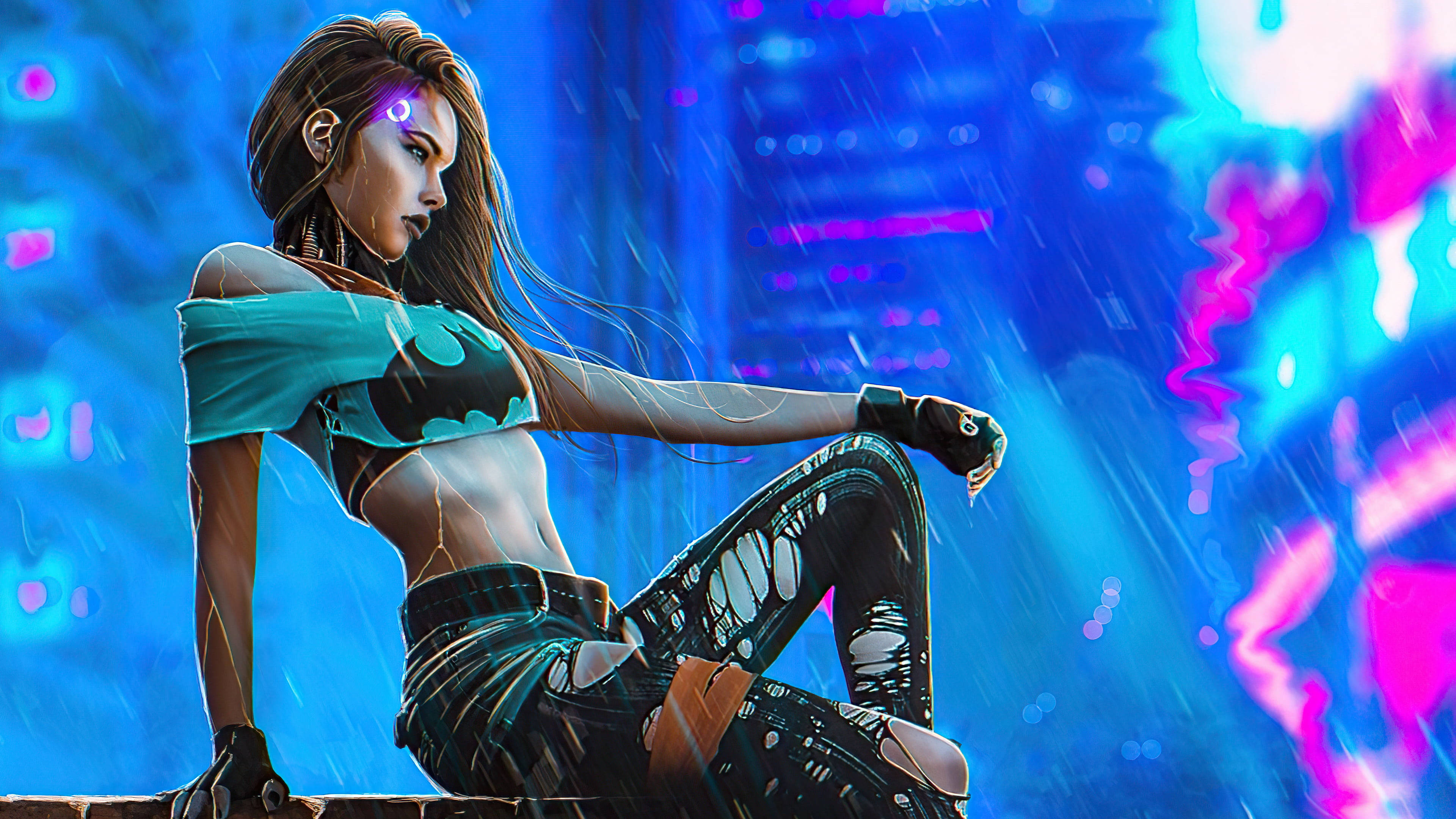 cyberpunk woman, glowing eyes, rain, 4K Desktop Wallpaper