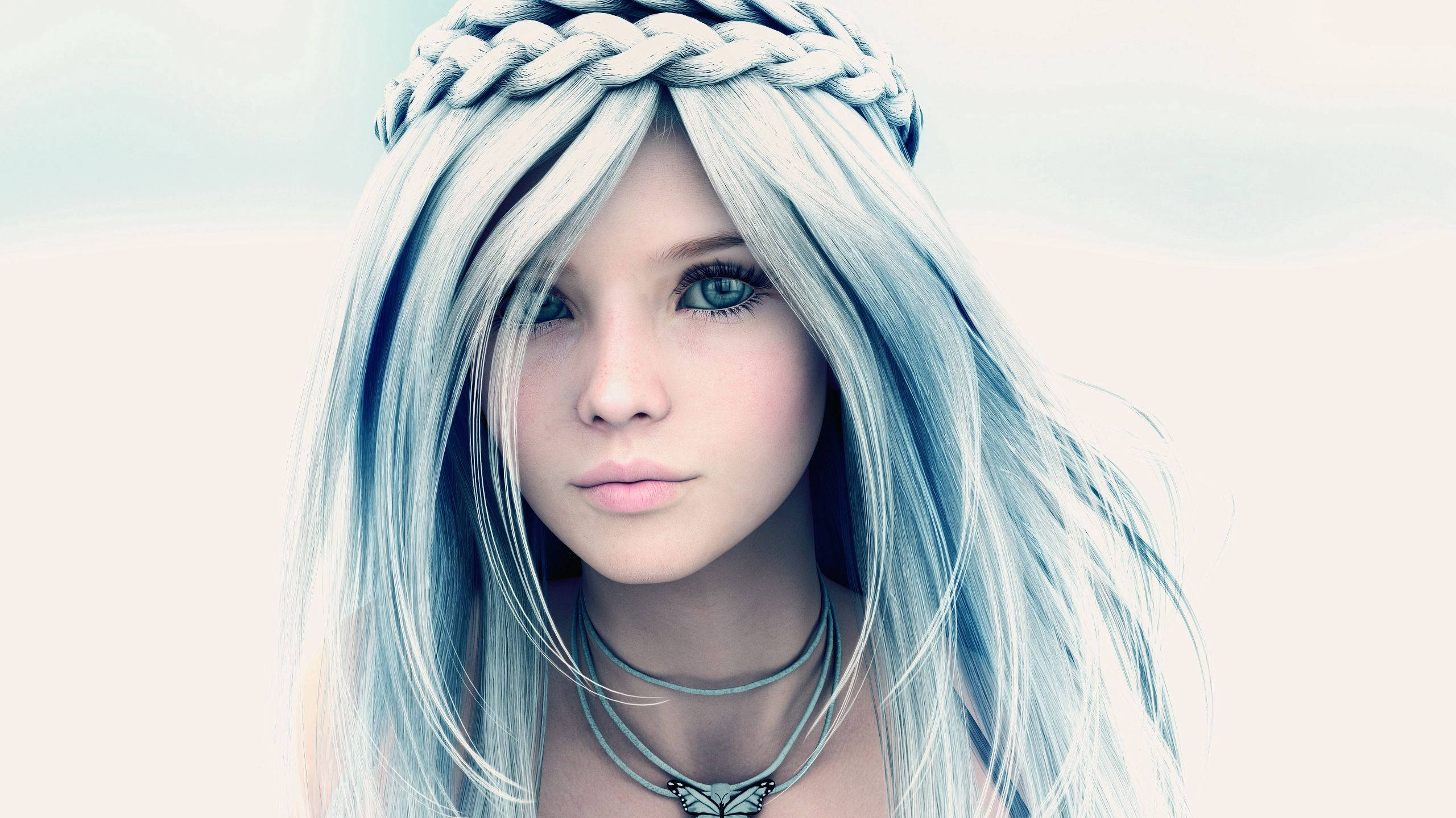 3d girl, blue hair, braided crown, 2K Desktop Wallpaper