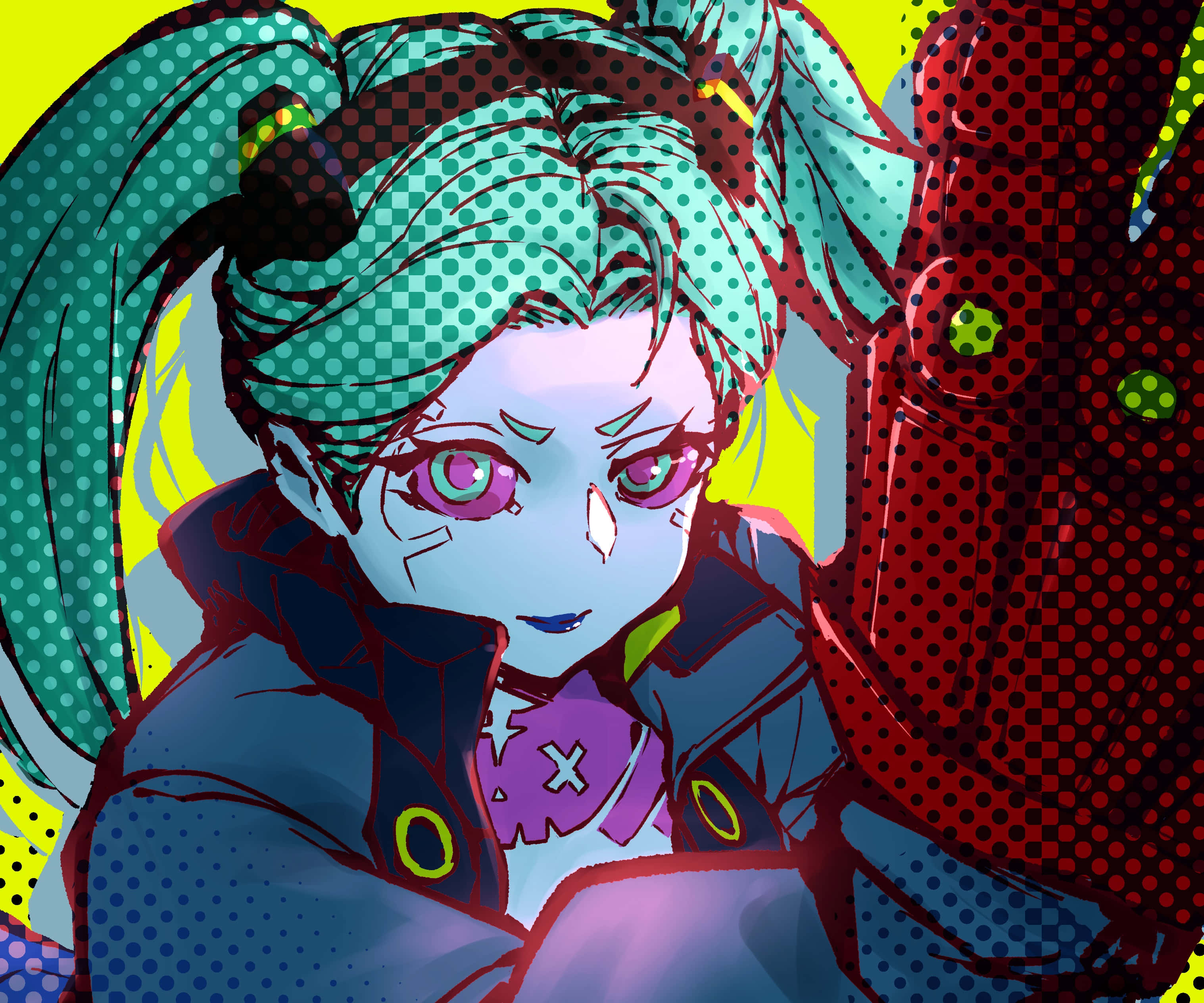 cyberpunk girl, red robot arm, teal pigtails, 2K Desktop Wallpaper