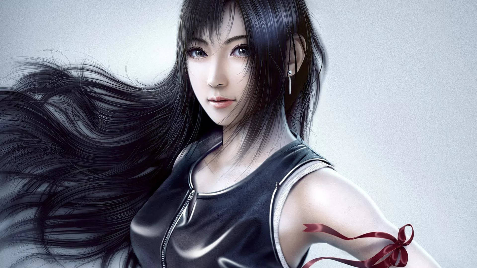 cool girl laptop, long black hair, red ribbon, Full HD Desktop Wallpaper