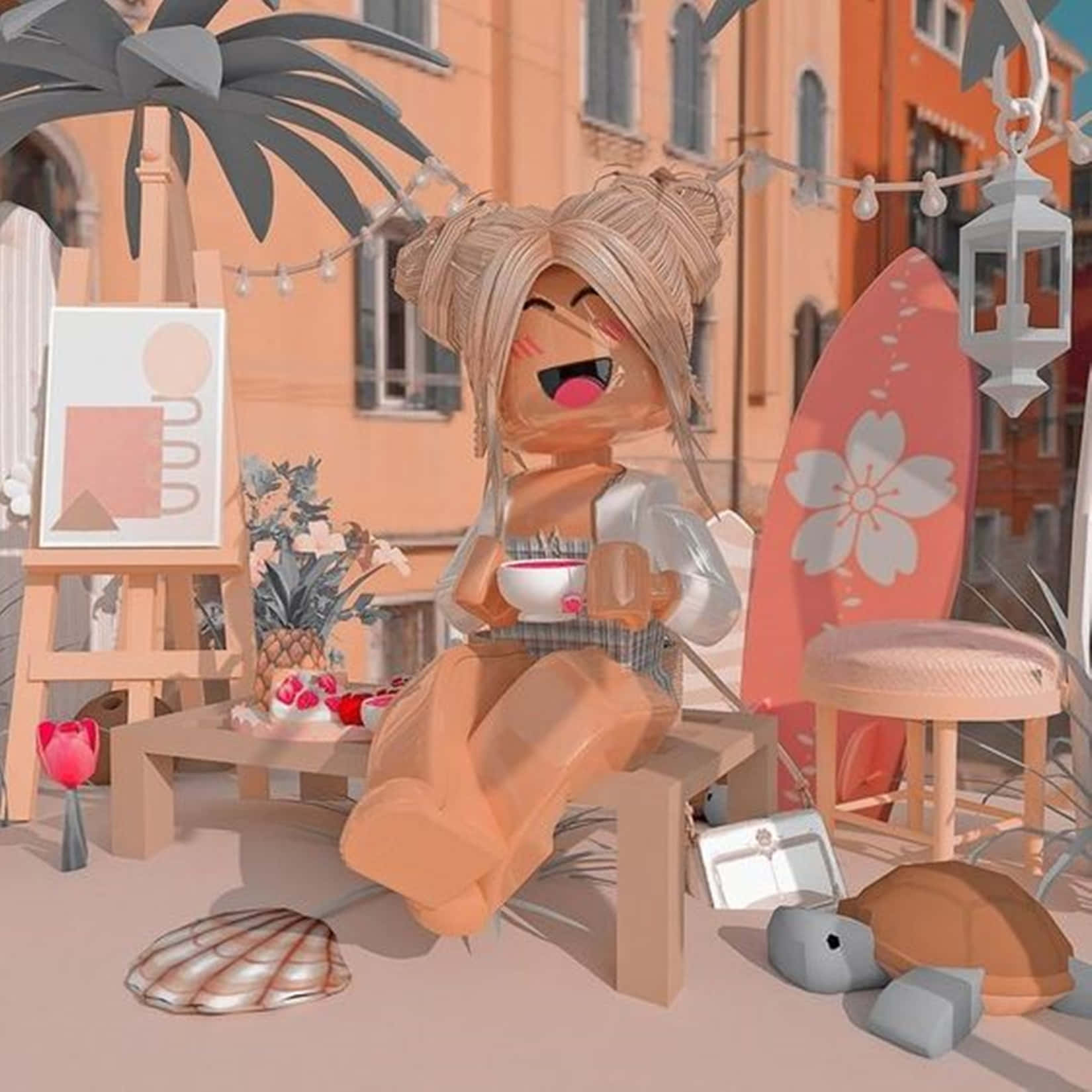 Roblox-style character, bench, surfboard art, HD Desktop Wallpaper