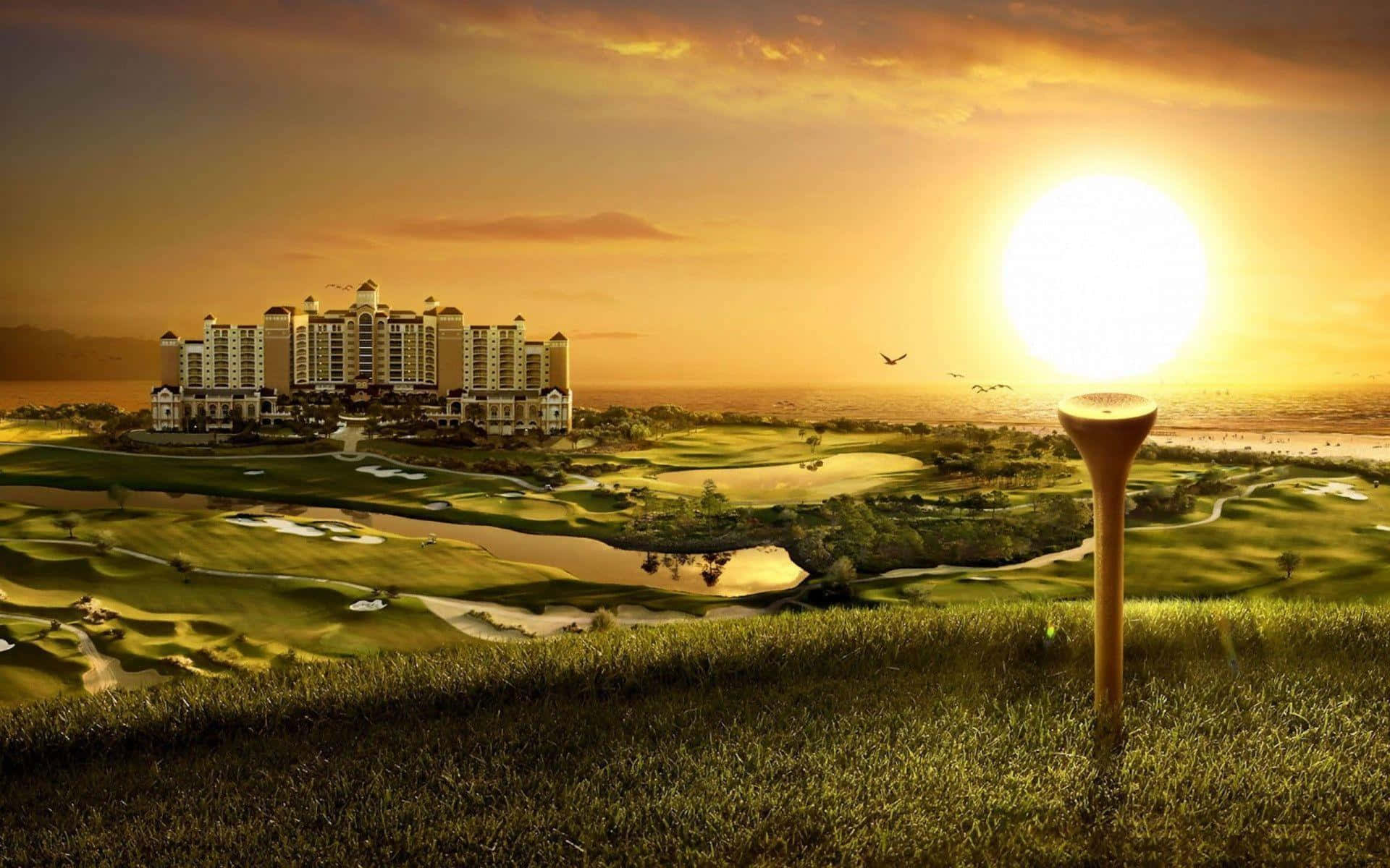 3d Golf Desktop, golden sunset, lush golf course, Full HD Desktop Wallpaper