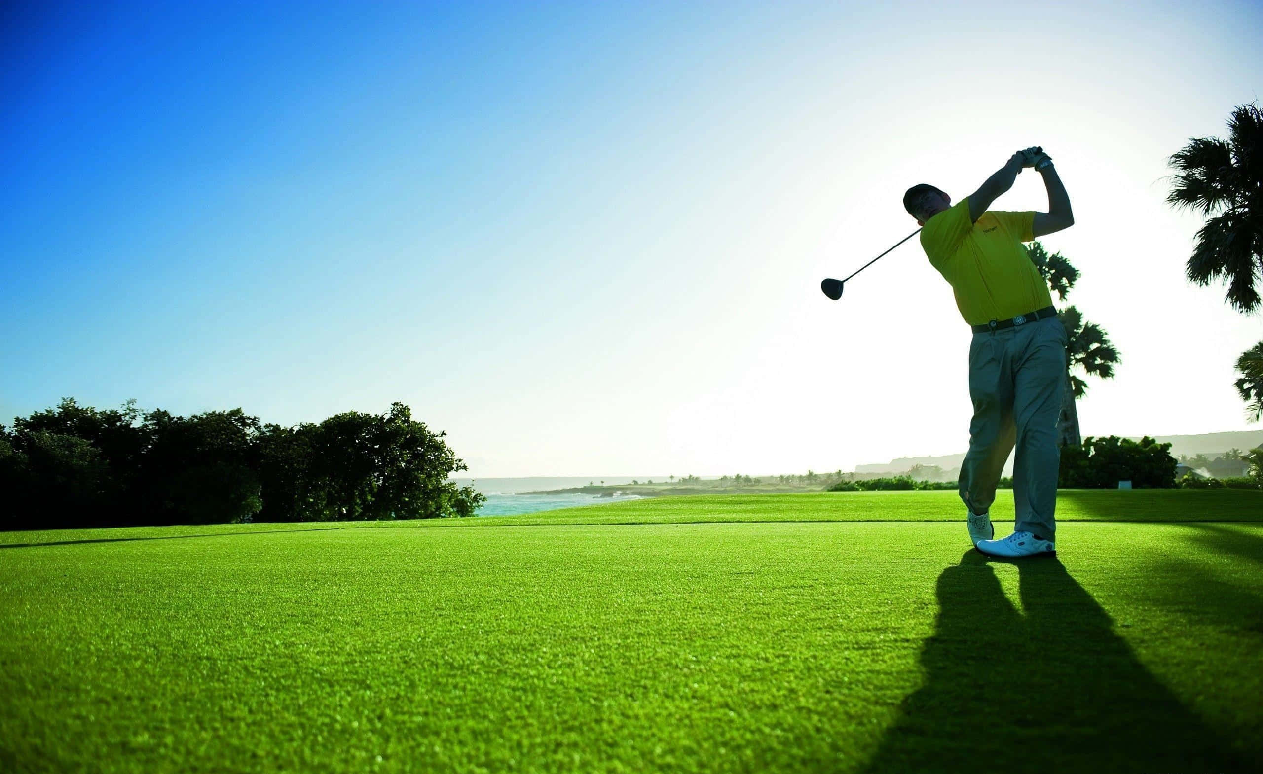 3d golf desktop, yellow shirt, vibrant green course, 2K Desktop Wallpaper