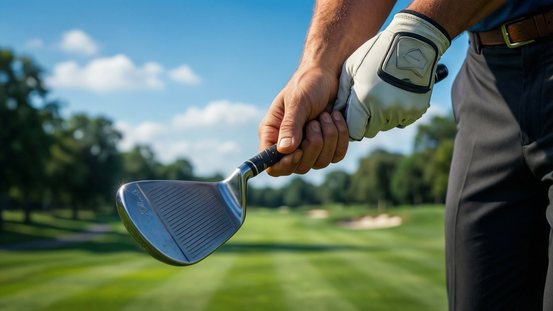 golfer's gloved hand, shiny metal club, bright blue sky, Full HD Desktop Wallpaper