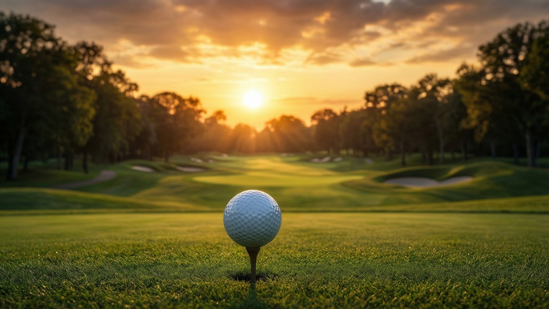 sunrise tee shot, golf ball on a tee, vibrant green grass, Full HD Desktop Wallpaper