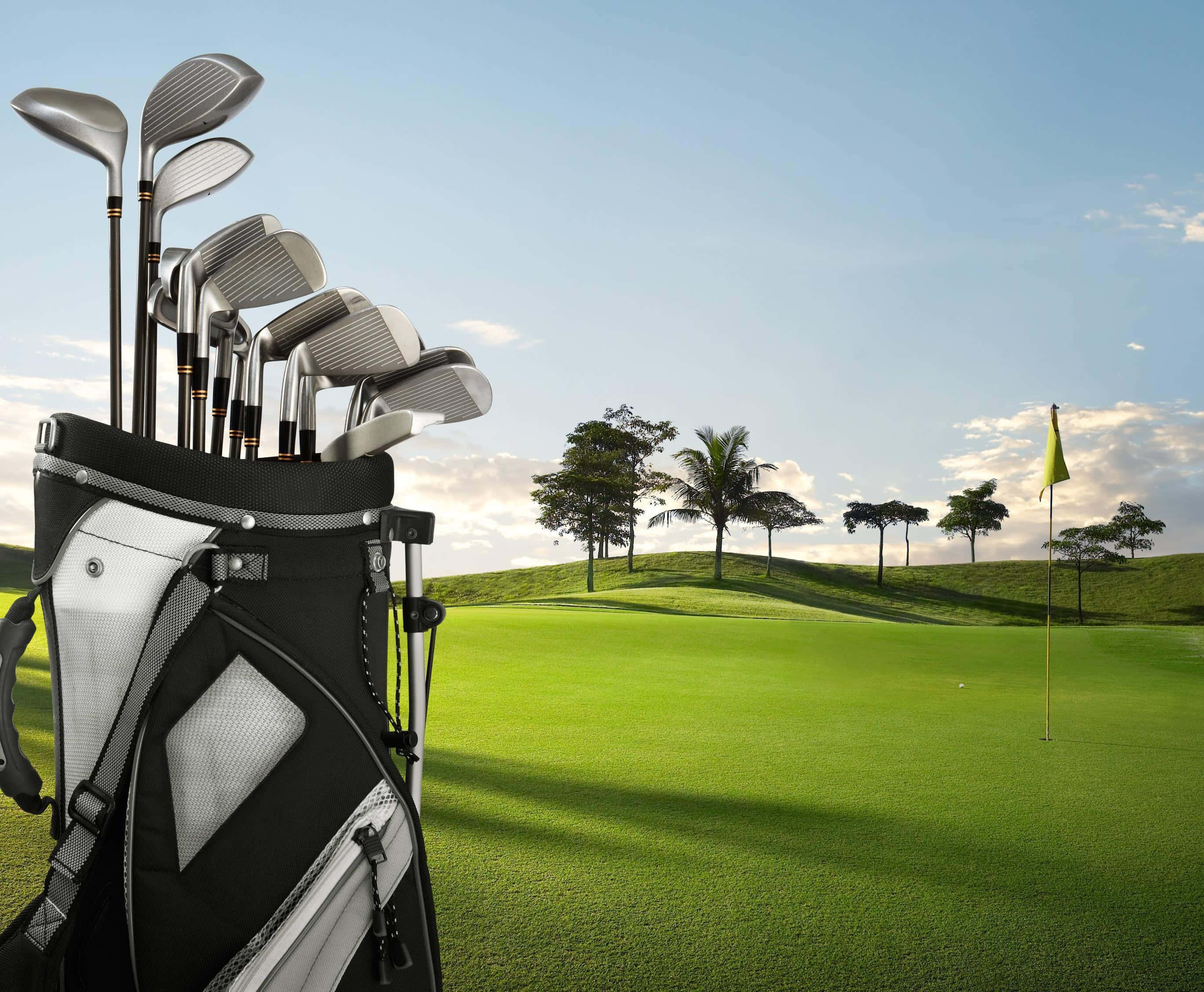 3d golf desktop, black and white golf bag, lush green fairway, 2K Desktop Wallpaper