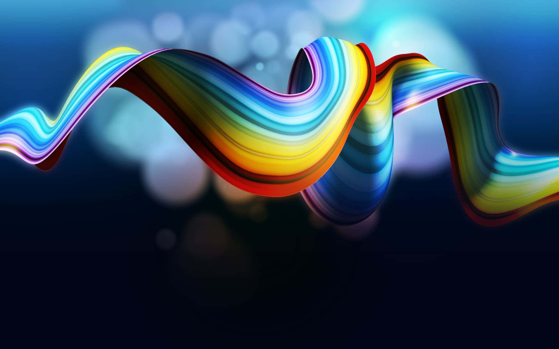 Futuristic White Geometric Landscape, rainbow-colored ribbon, dark blue bokeh background, Full HD Desktop Wallpaper