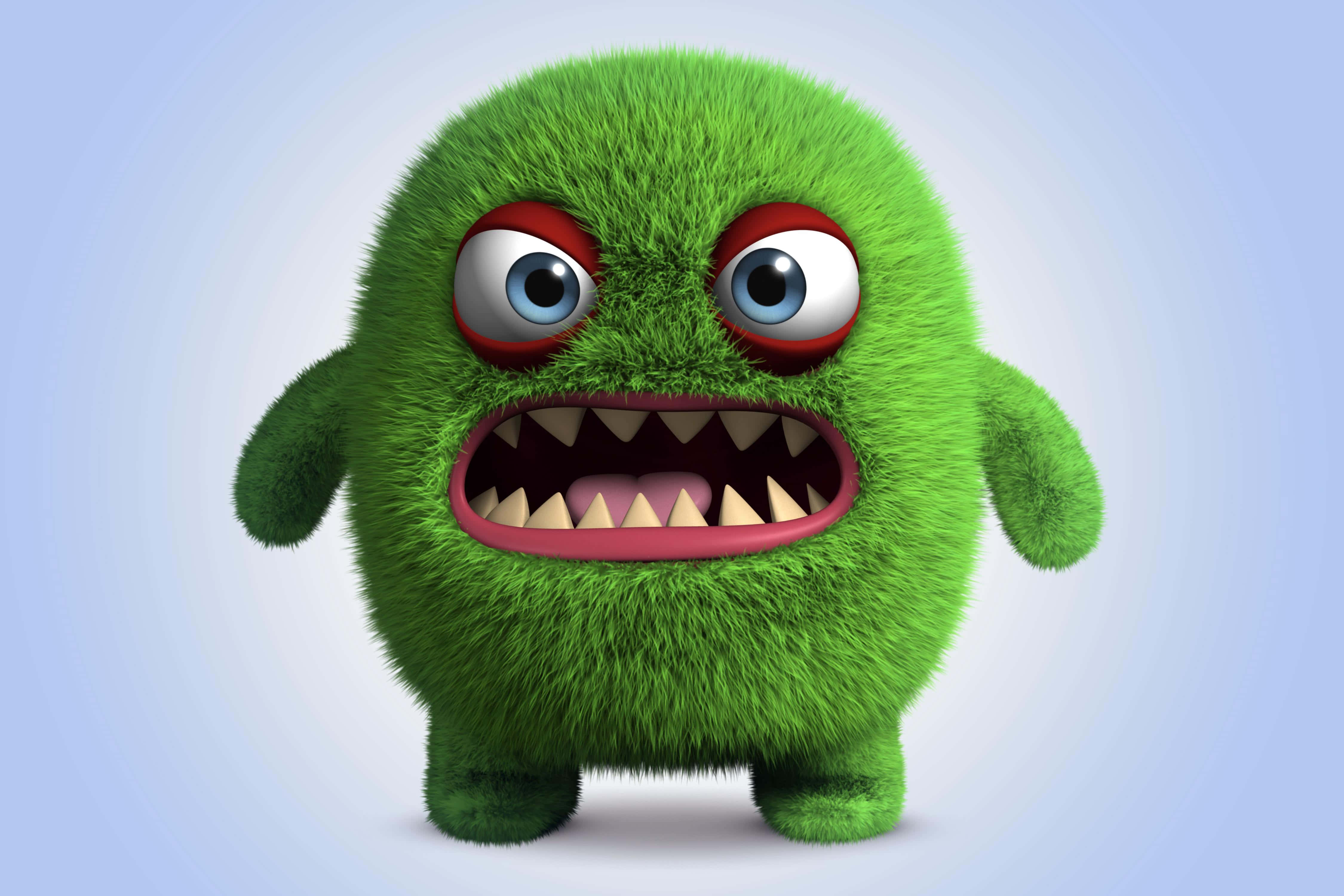 3d graphics, fluffy green cartoon monster, wide blue eyes, 4K Desktop Wallpaper