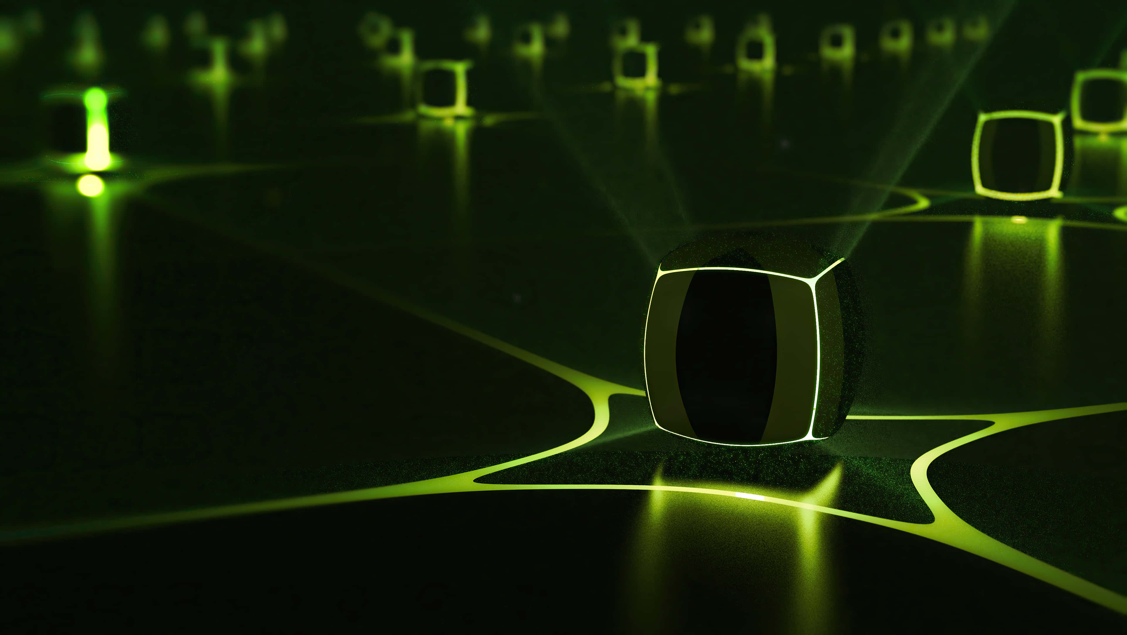 glowing green cube, dark surface, glowing lines, 4K Desktop Wallpaper