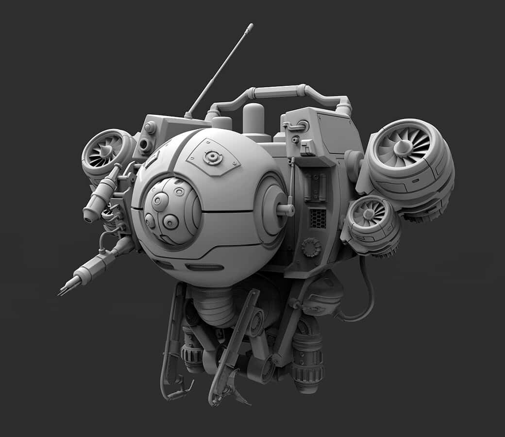 futuristic spherical robot, multiple thrusters, mechanical limbs, SD Desktop Wallpaper