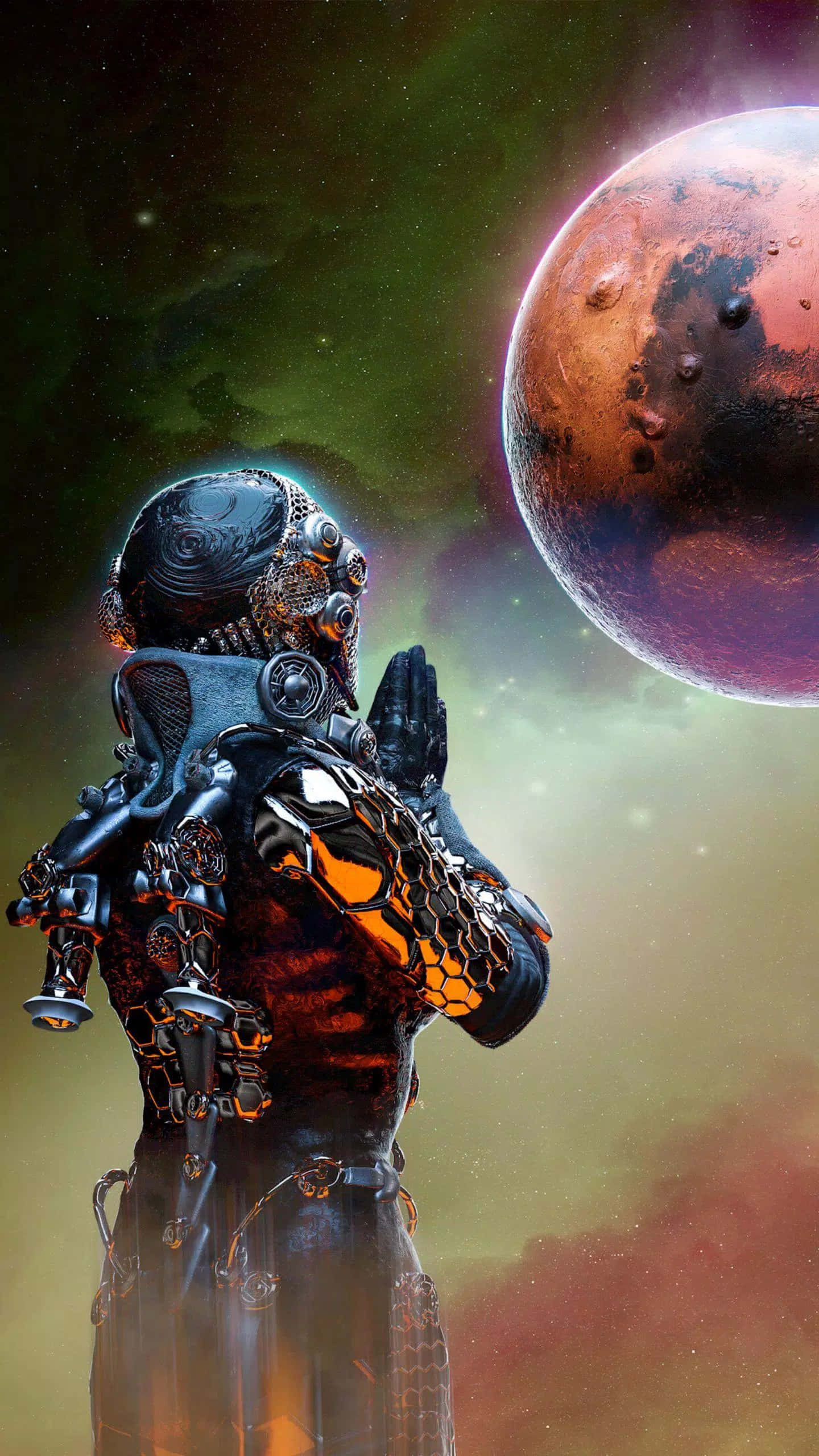 futuristic astronaut, ornate armor, glowing red planet, 2K Phone Wallpaper