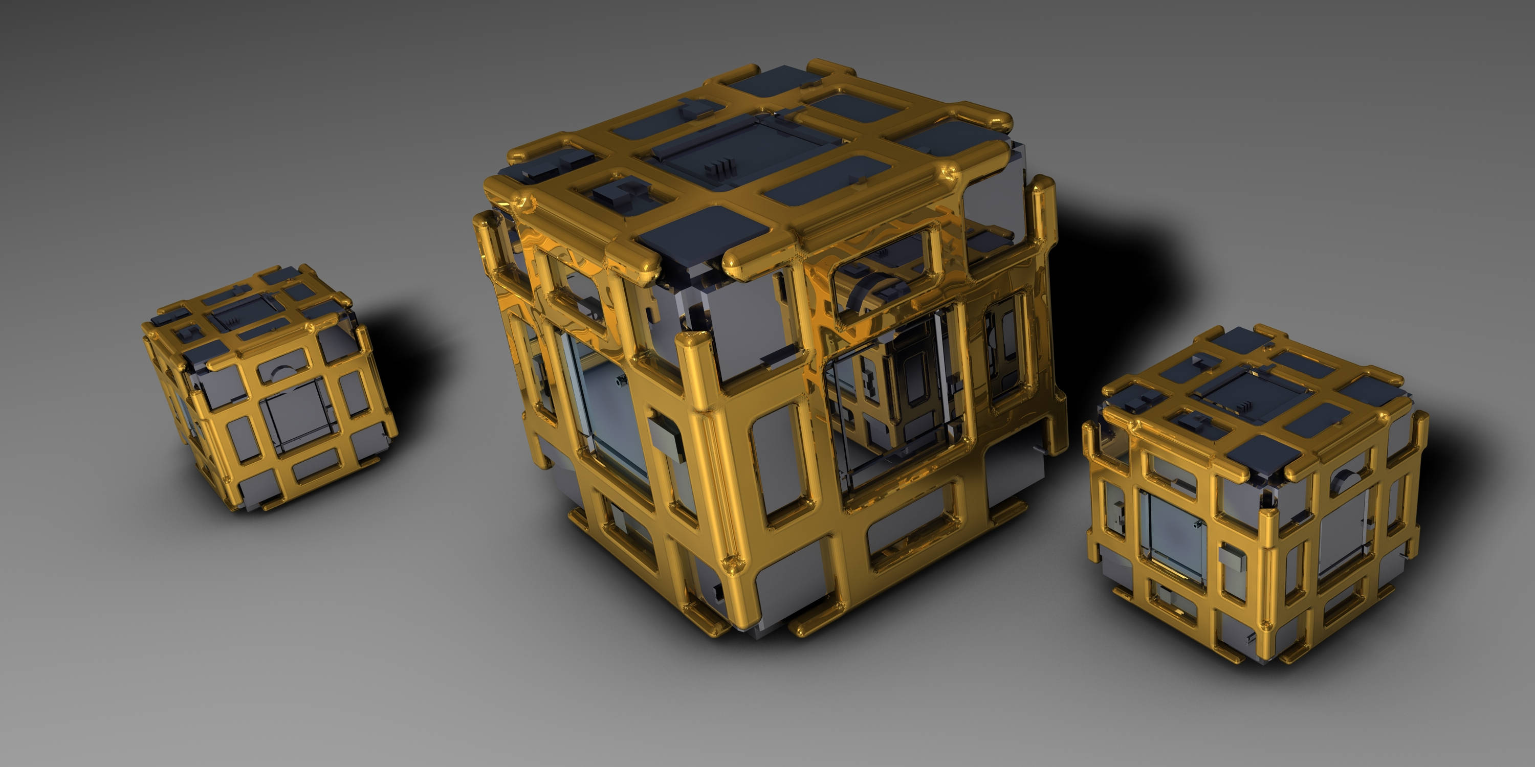 three 3d cubes, gold design, transparent panels, 2K Desktop Wallpaper