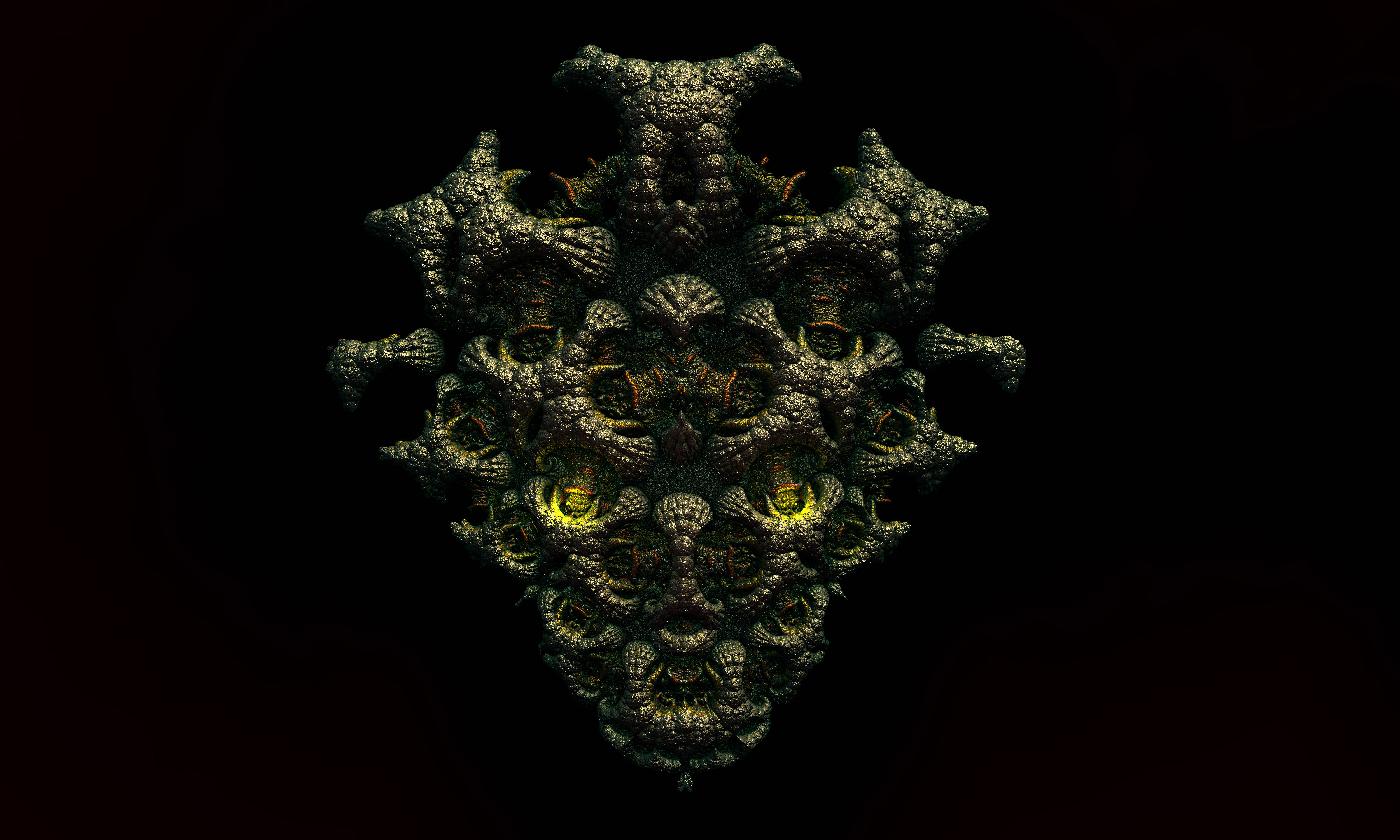 fractal pattern, glowing yellow eyes, dark green textures, 4K Desktop Wallpaper