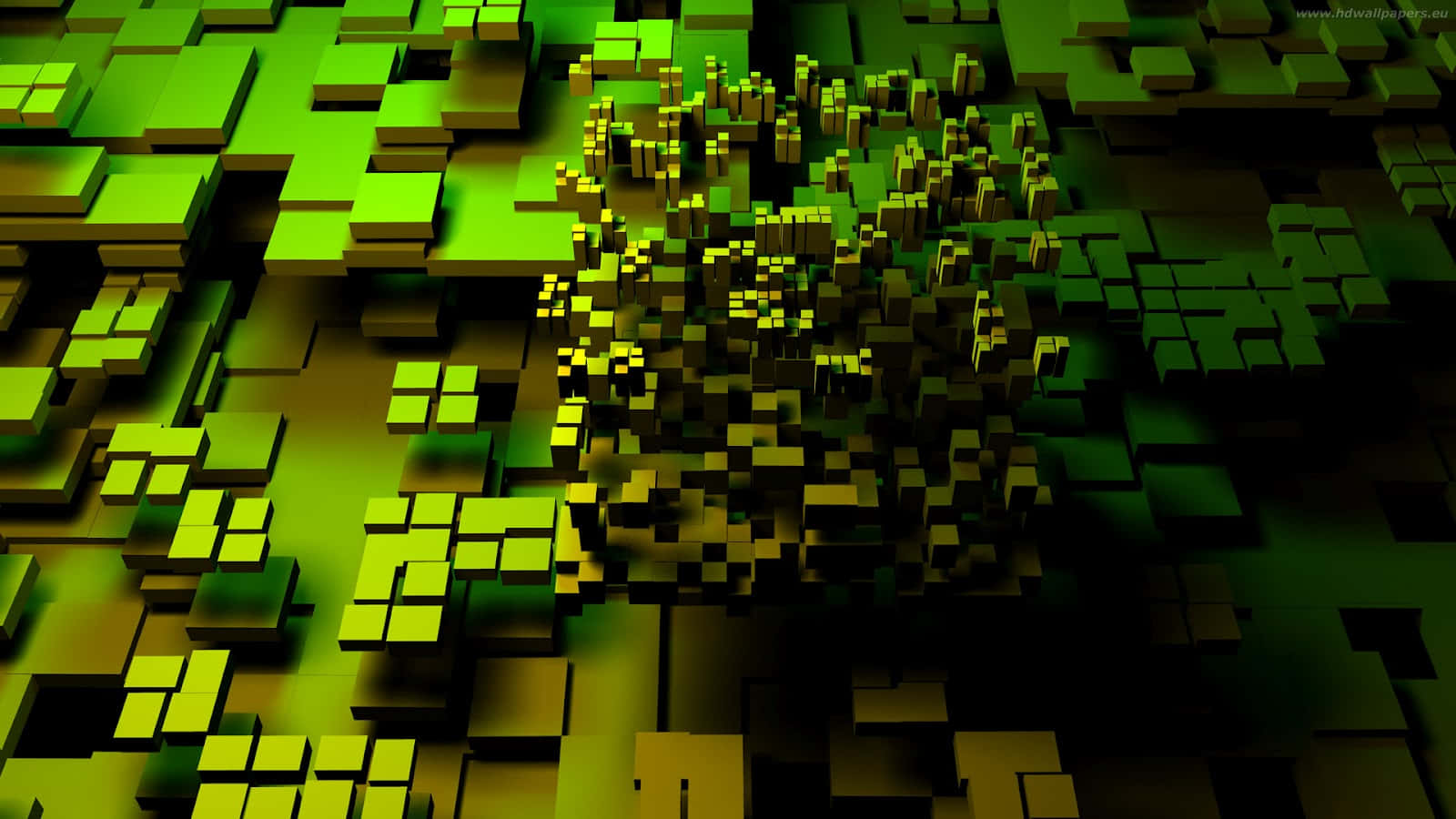 3d-rendered, glowing green, yellow cubes, HD Desktop Wallpaper