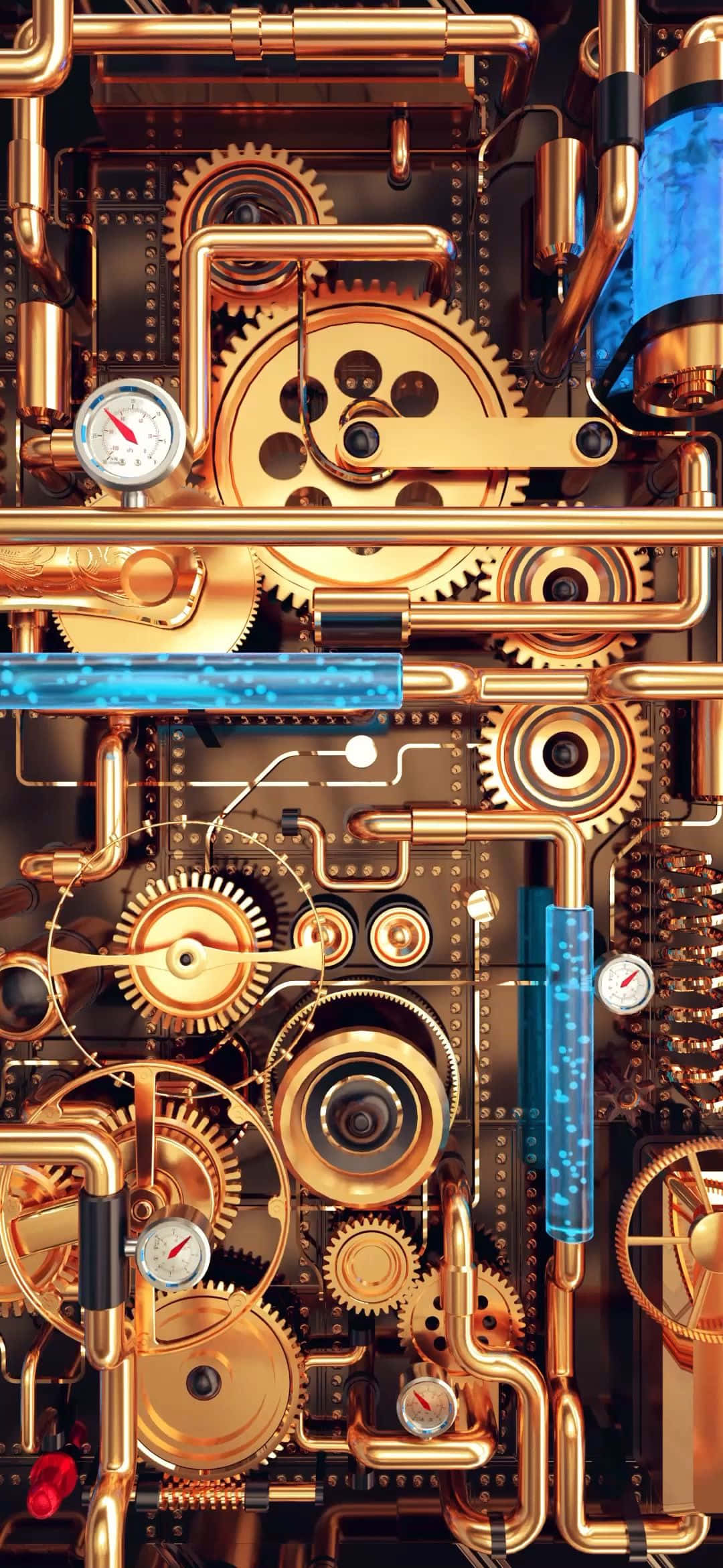 golden gears, blue fluid, steampunk mechanical system, Full HD Phone Wallpaper