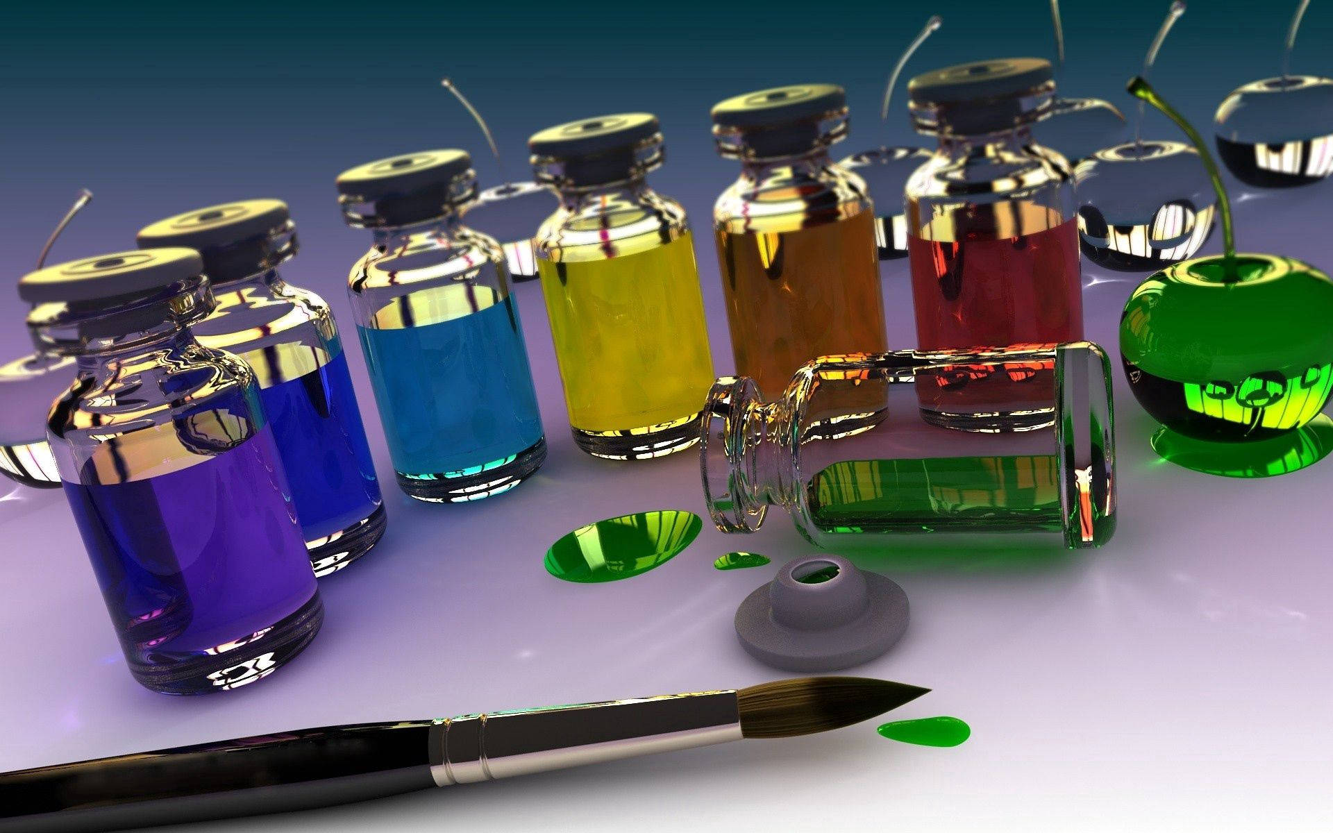 3d glass vials, brush, vibrant colored paint bottles, Full HD Desktop Wallpaper