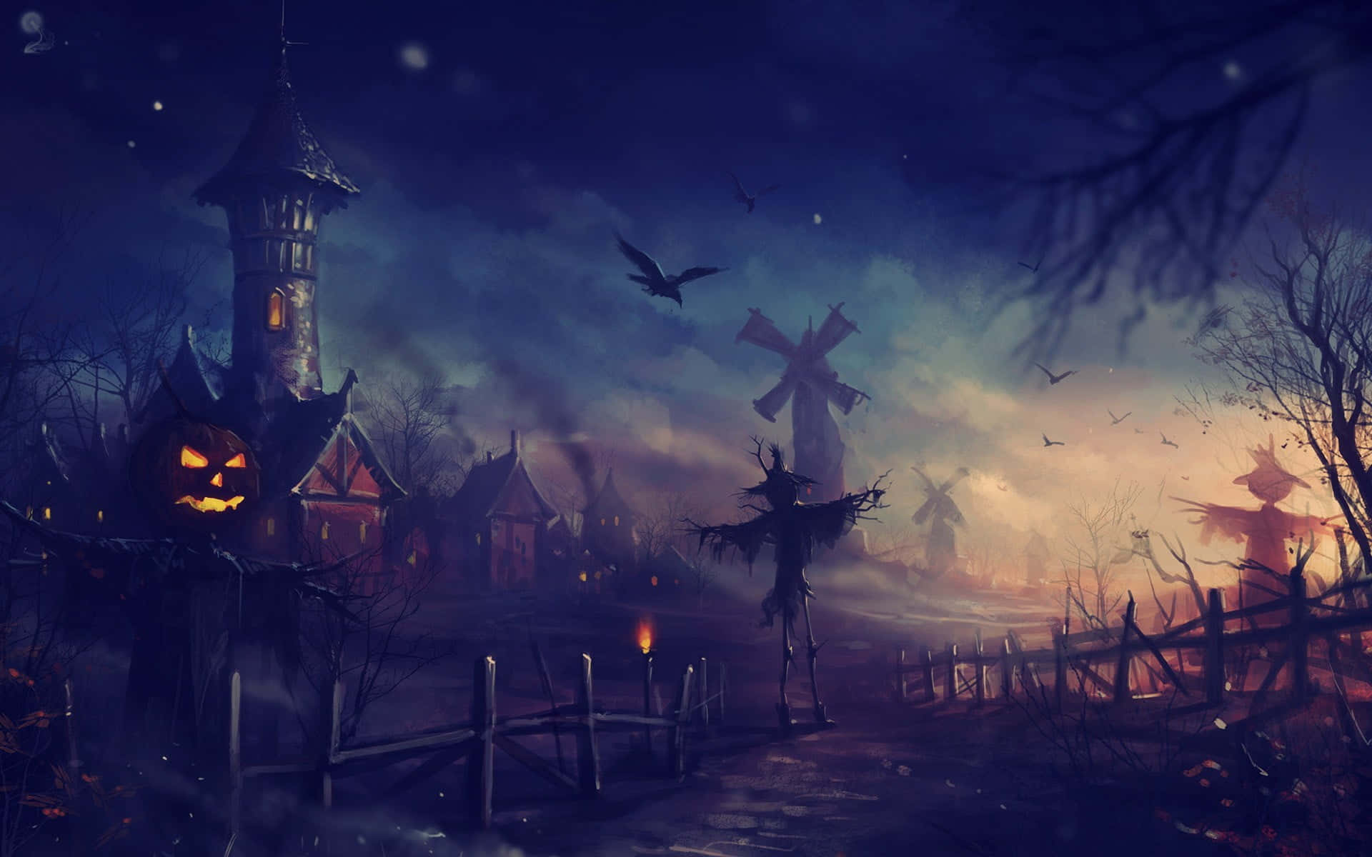 3d Halloween, Halloween village, dusk, Full HD Desktop Wallpaper