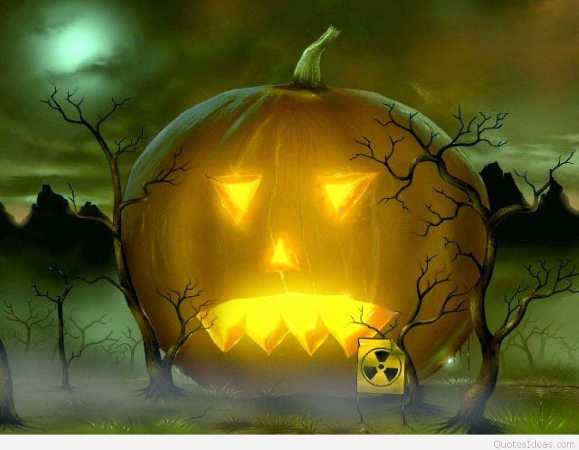 yellow lit halloween pumpkin, giant glowing jack-o'-lantern, menacing grin, HD Desktop Wallpaper