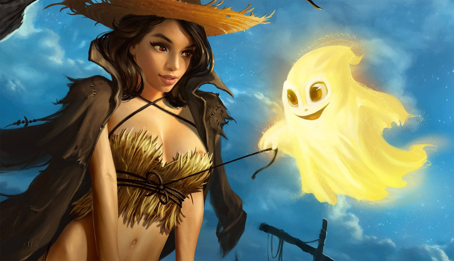 3D Girl, cute Halloween, straw hat, Full HD Desktop Wallpaper