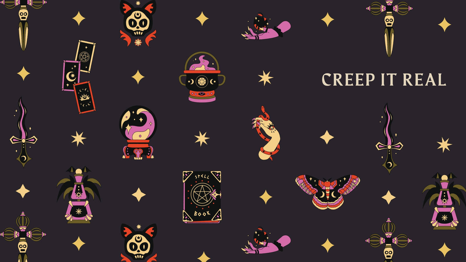 Halloween aesthetic, whimsical occult symbols, skulls, HD Desktop Wallpaper