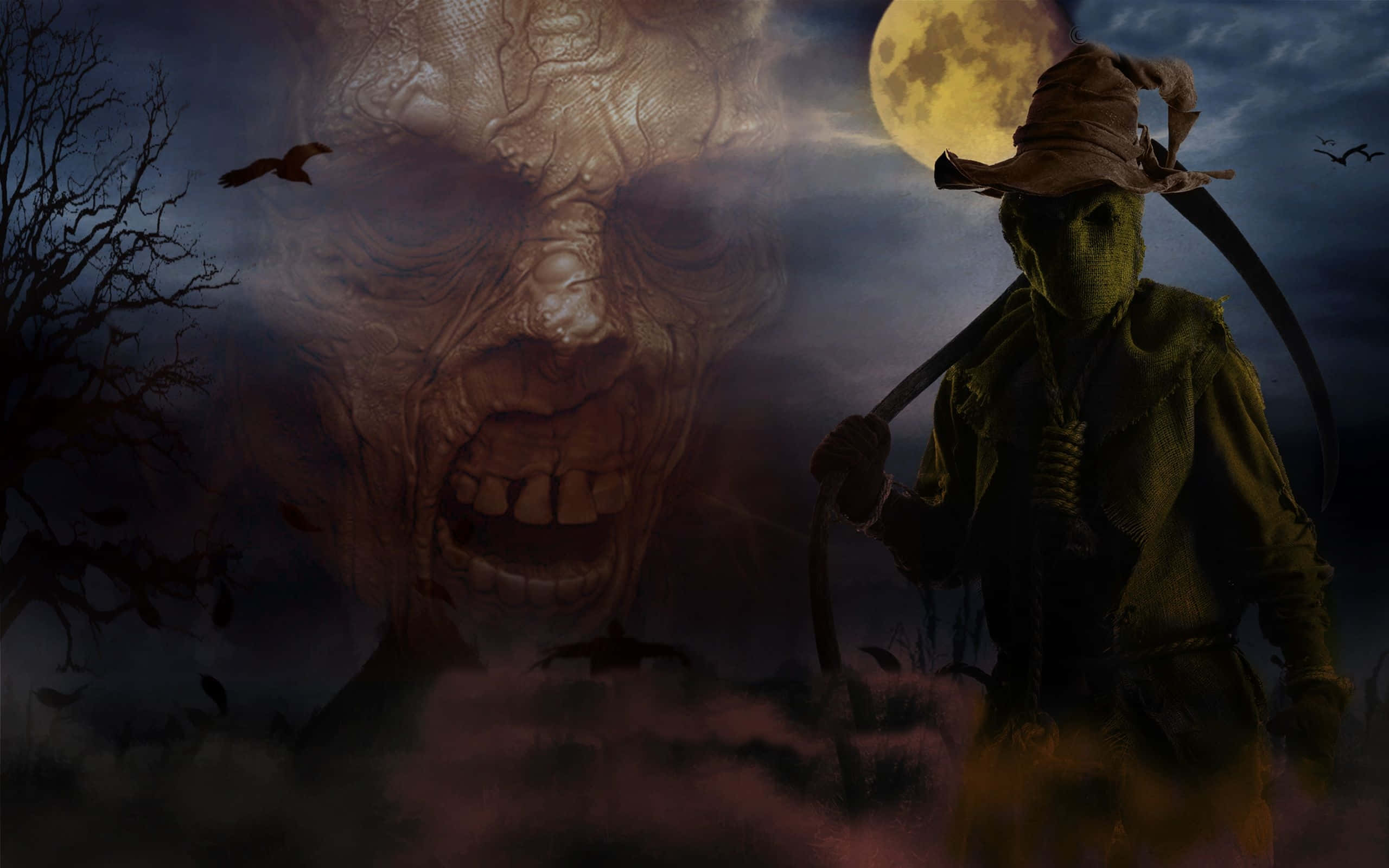 animated Halloween, scarecrow, scythe, 2K Desktop Wallpaper