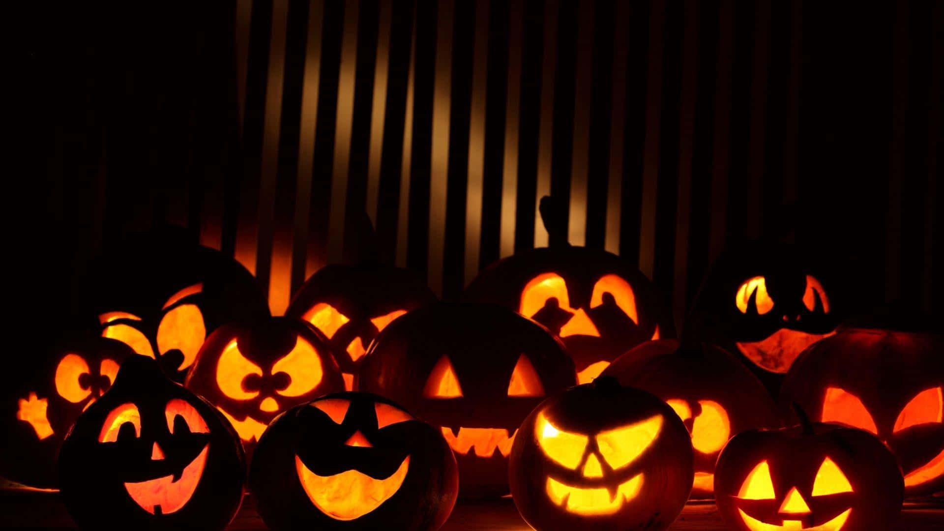 3d halloween, jack-o'-lanterns, carved faces, Full HD Desktop Wallpaper
