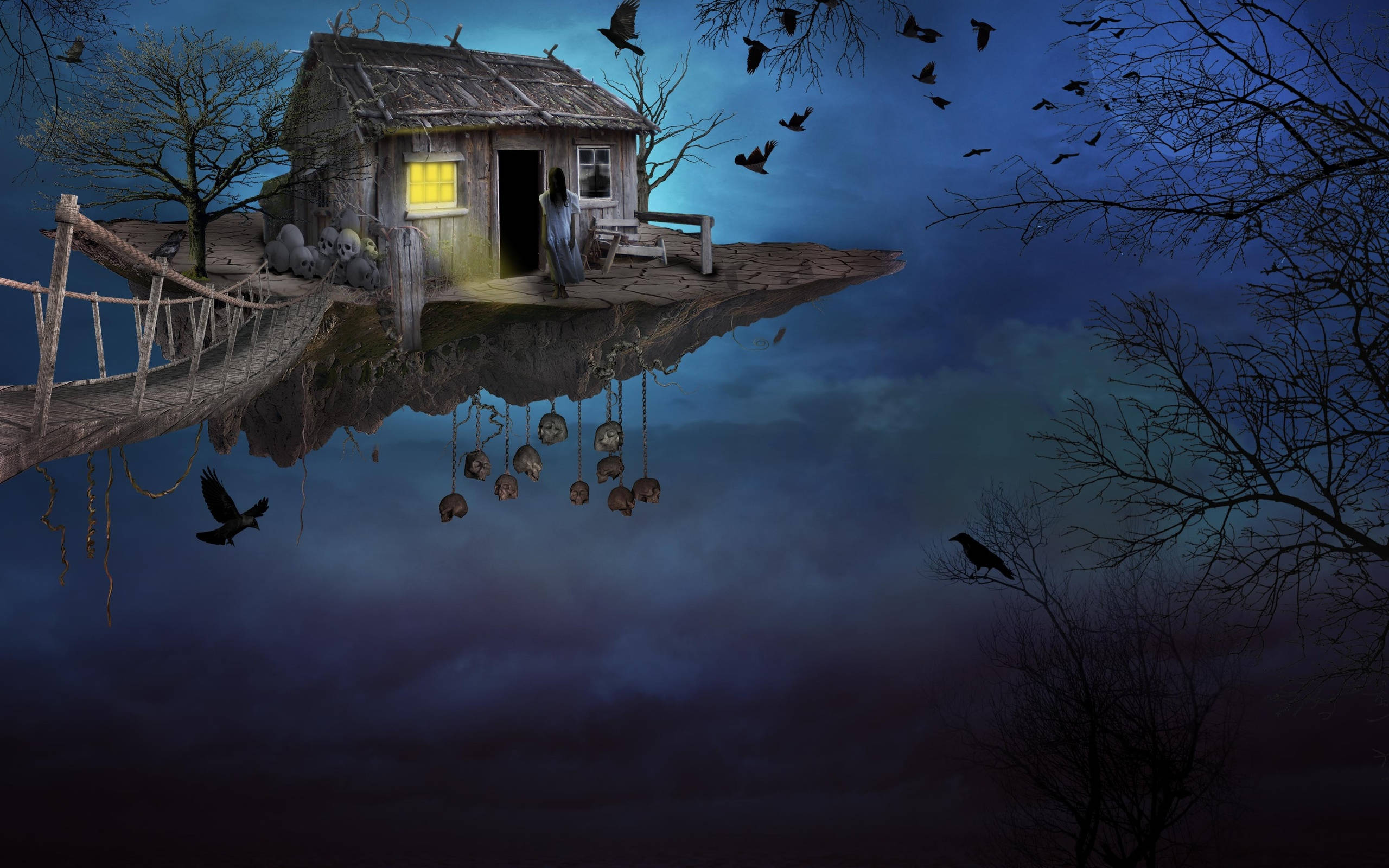 haunted house, cliff, night, 2K Desktop Wallpaper