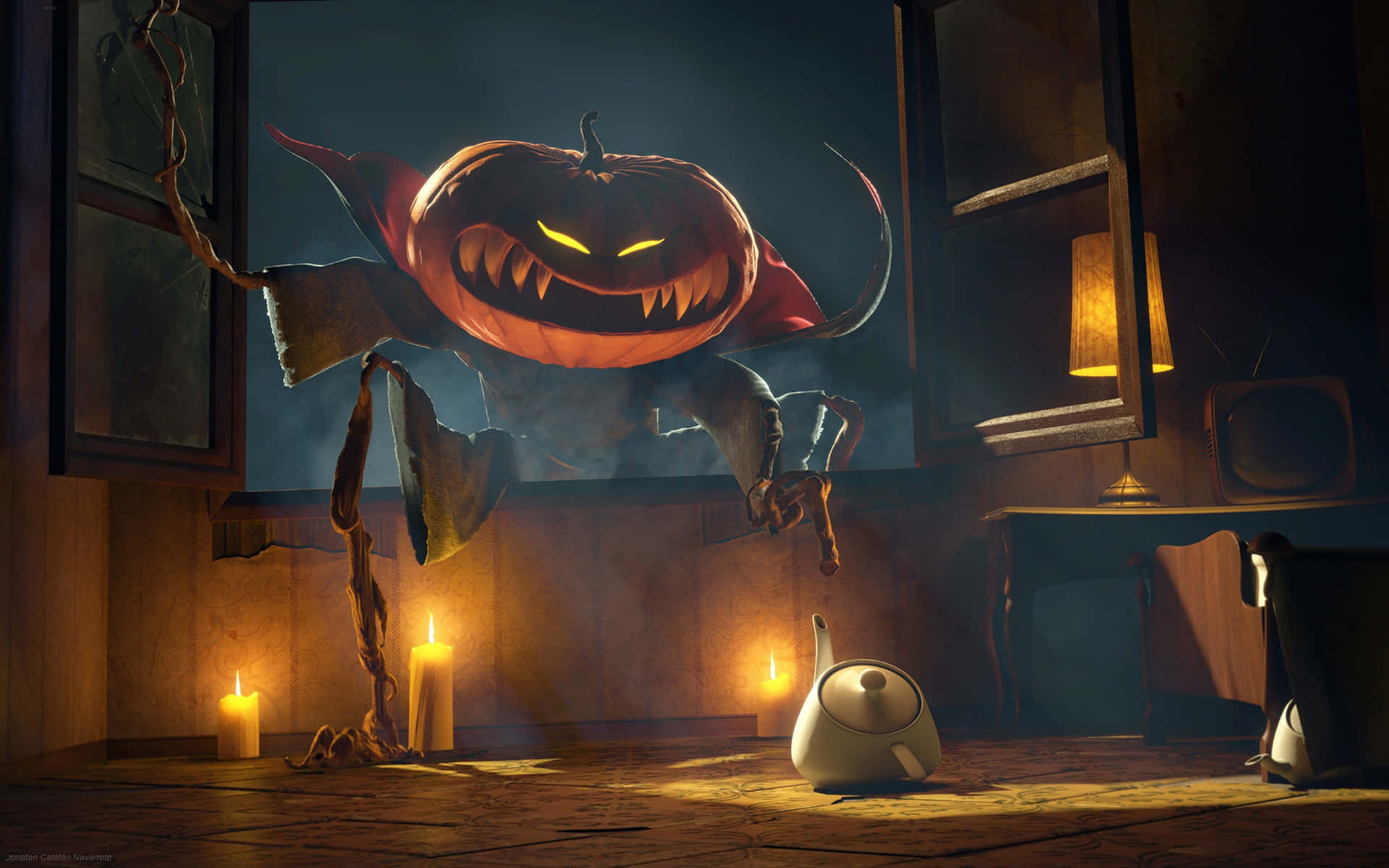 3d halloween, jack-o'-lantern monster, glowing eyes, Full HD Desktop Wallpaper