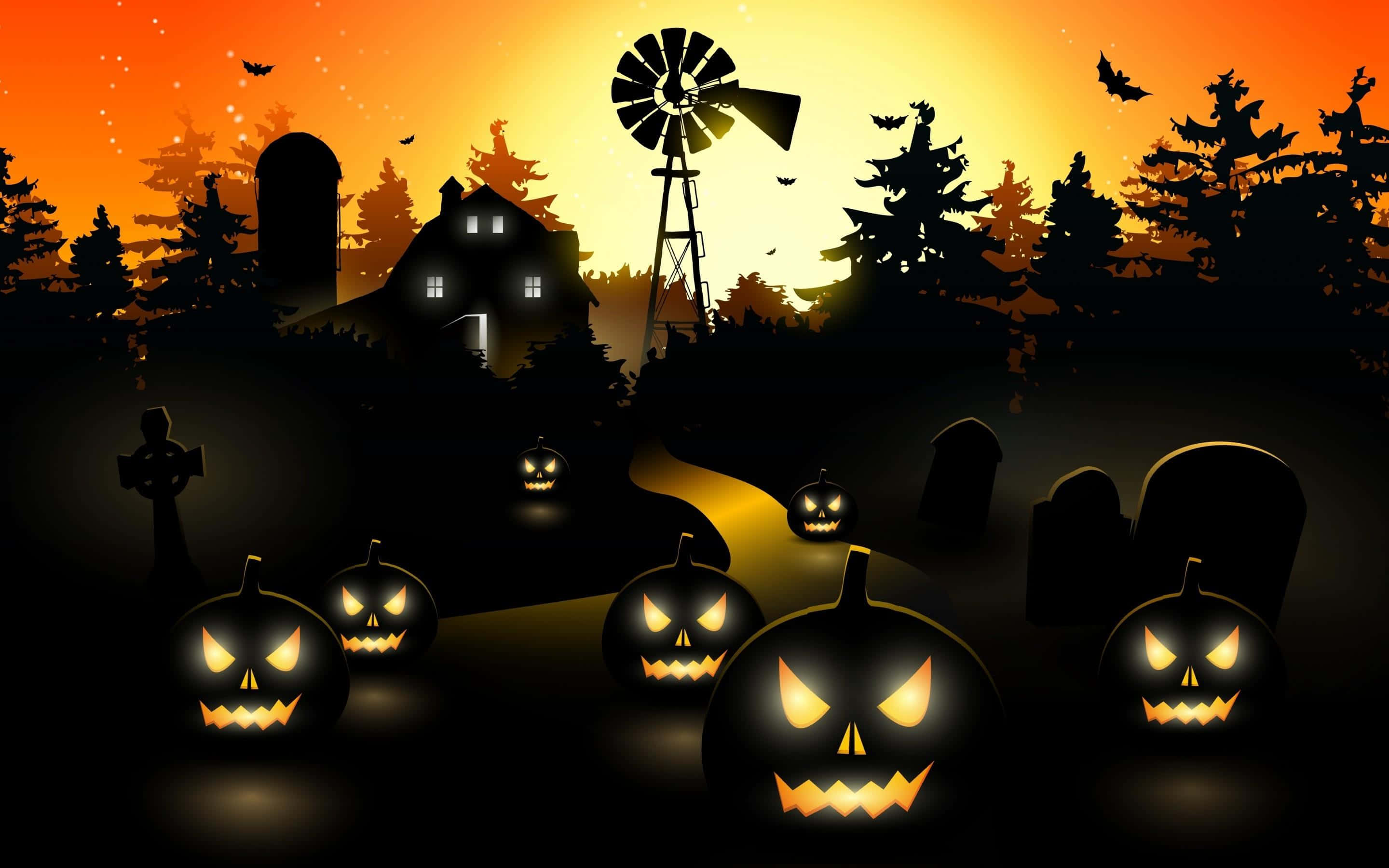 3d halloween, jack-o'-lanterns, graveyard, 2K Desktop Wallpaper