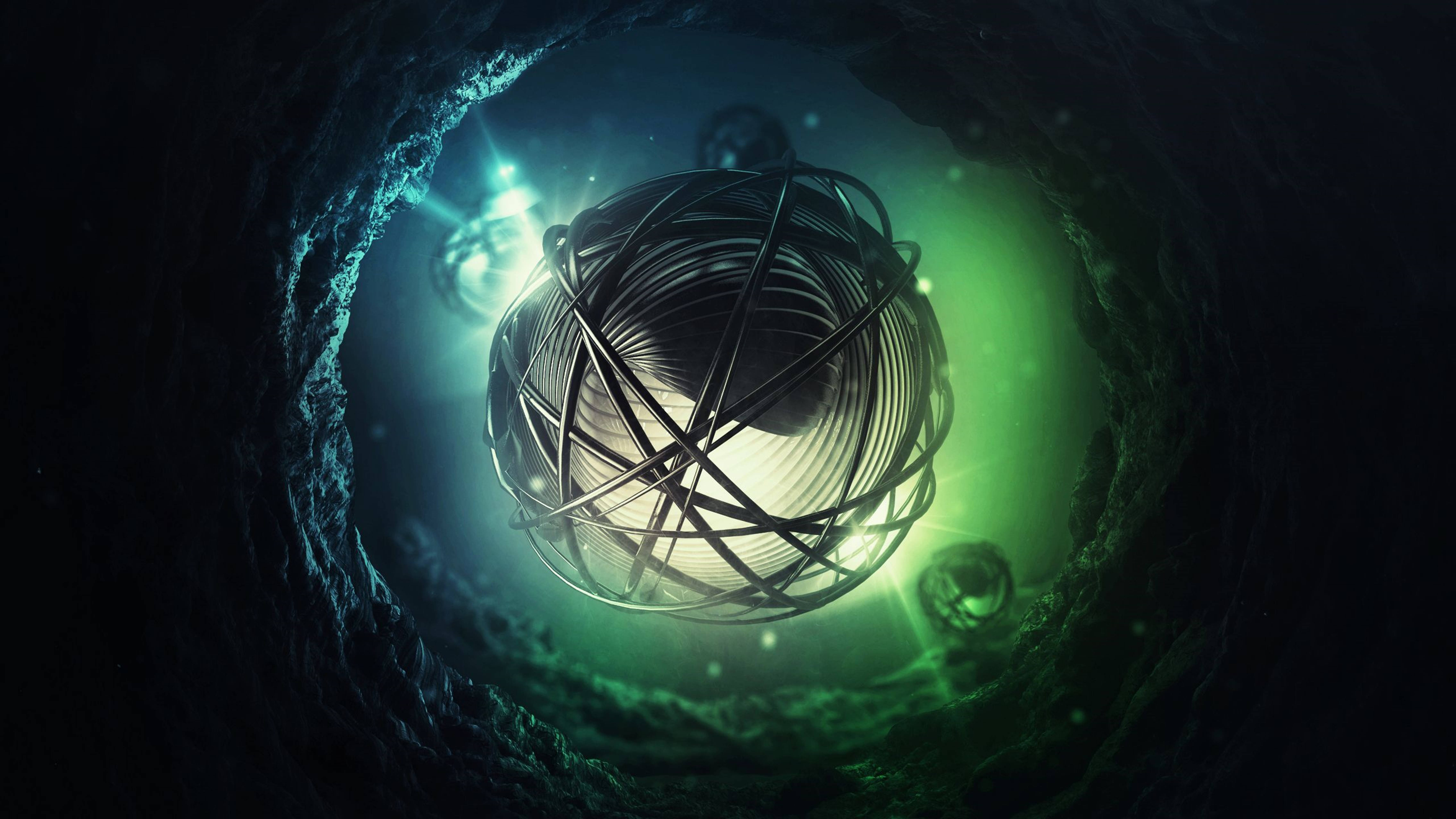 3d hd, glowing green orb, metallic cage, 5K Desktop Wallpaper