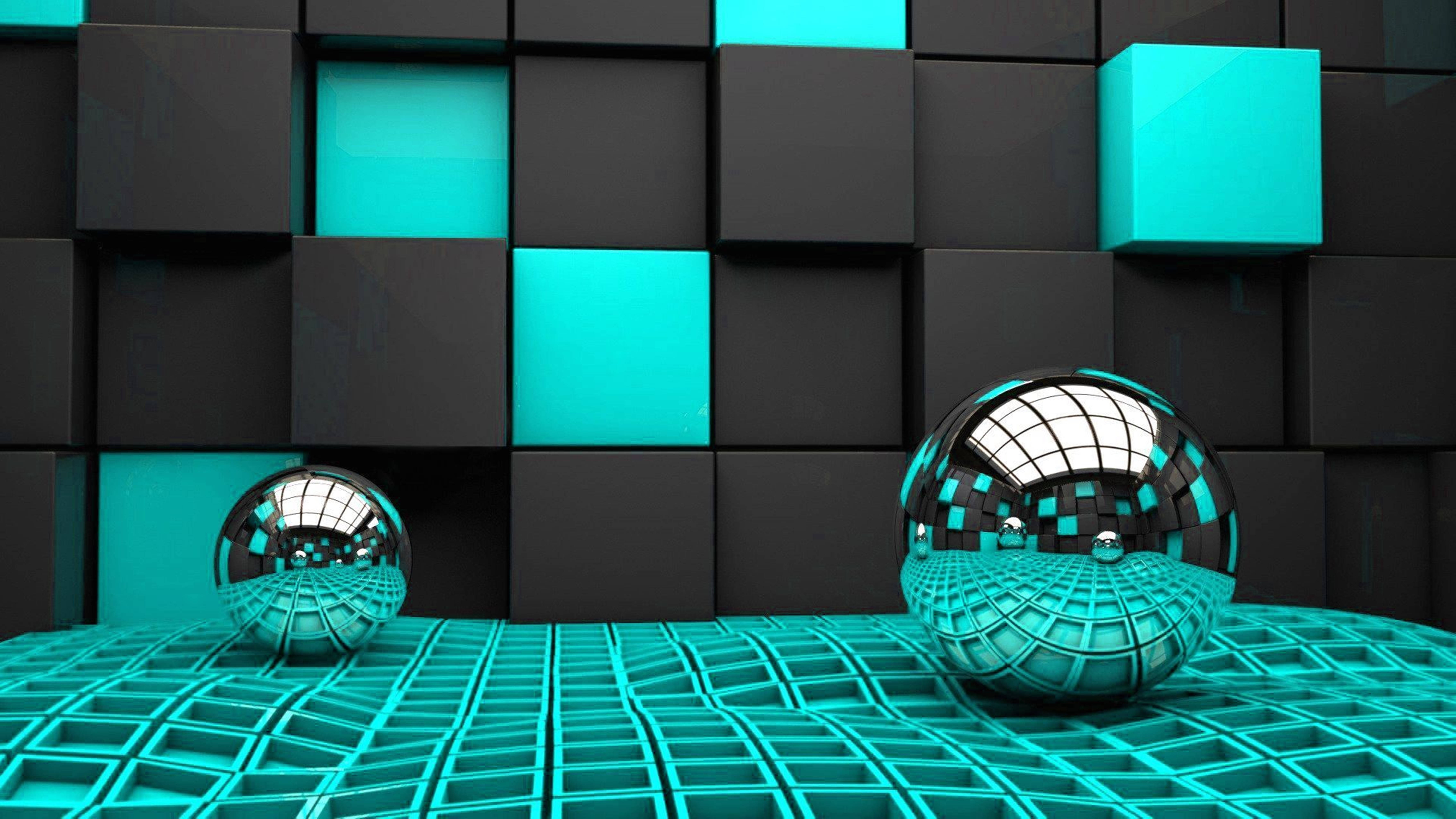 chrome spheres, grid pattern, teal surface, 5K Desktop Wallpaper