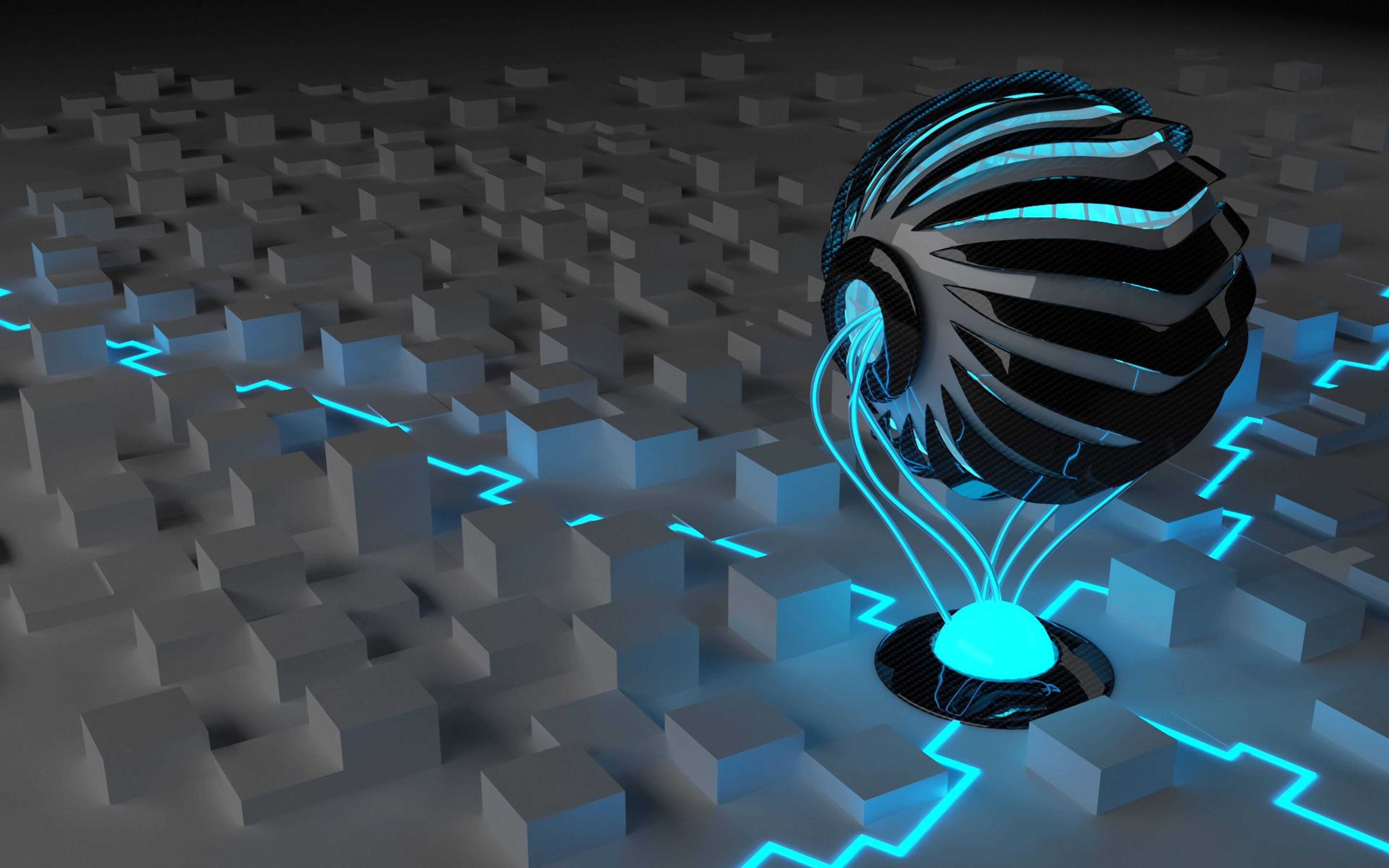 glowing blue, futuristic sphere, gray cubes, 5K Desktop Wallpaper
