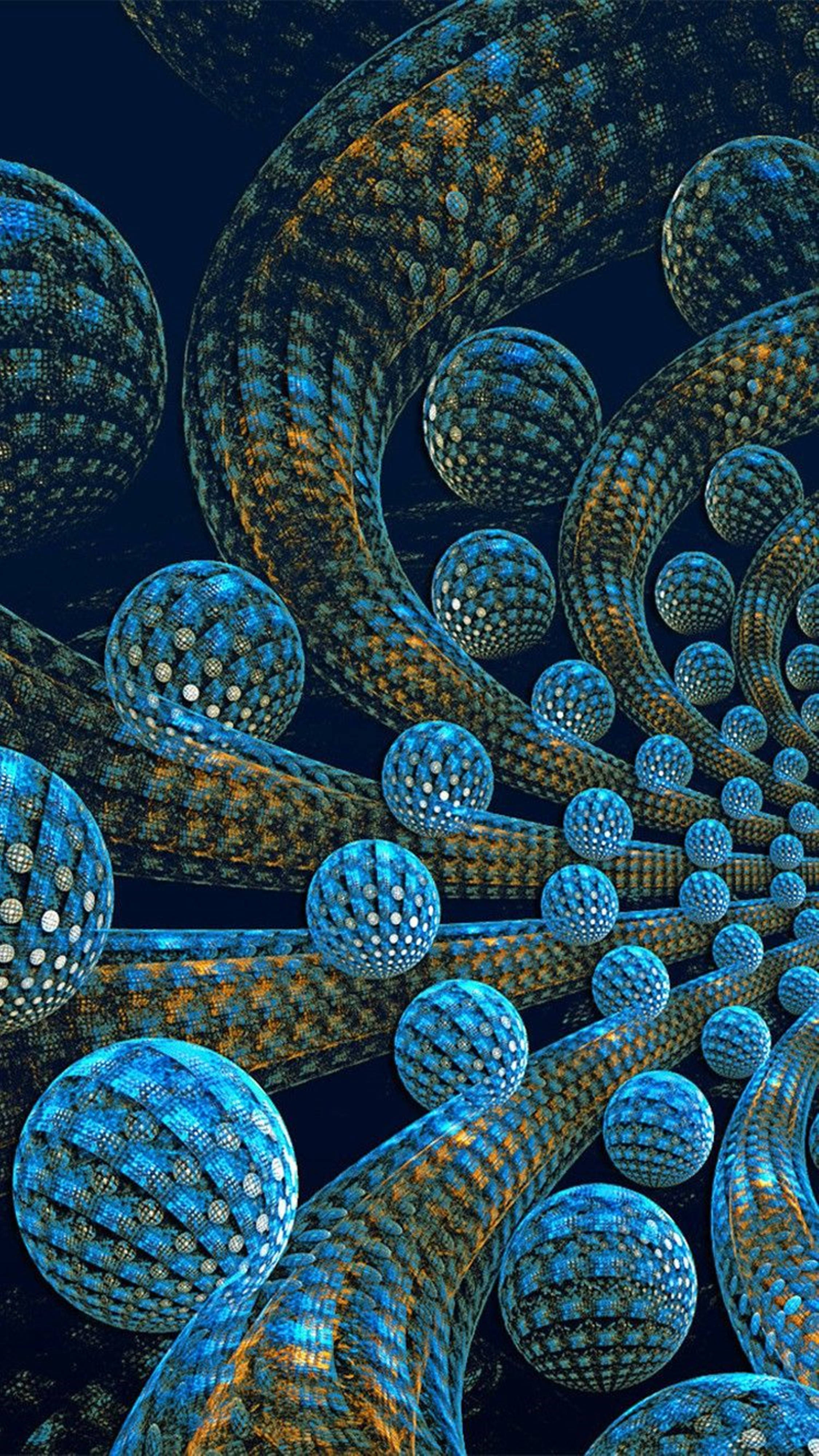 3d hd abstract spheres, glowing blue spheres, golden textured tubes, 4K Phone Wallpaper