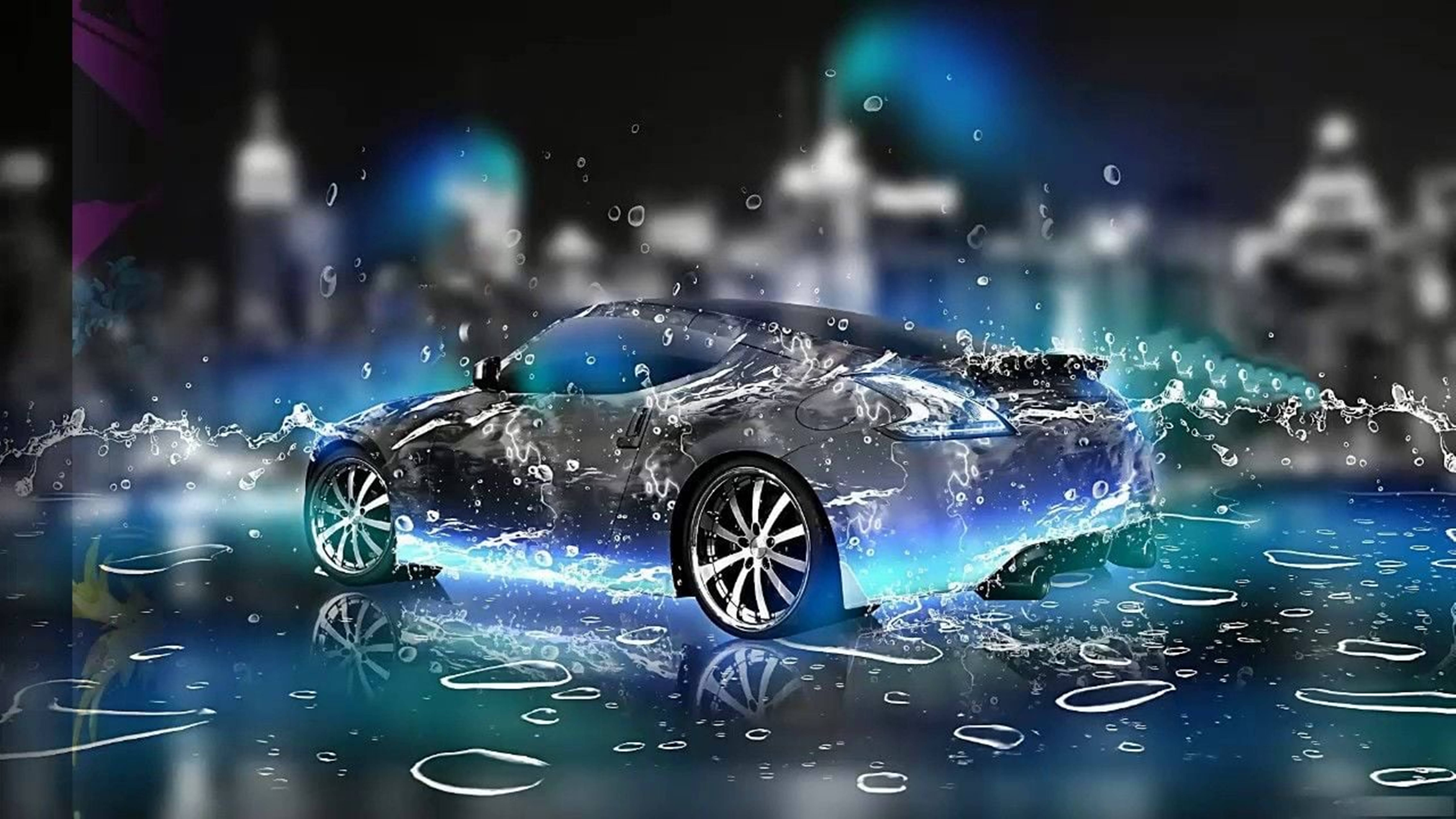 3d hd, glowing matchbox car, rain, 5K Desktop Wallpaper