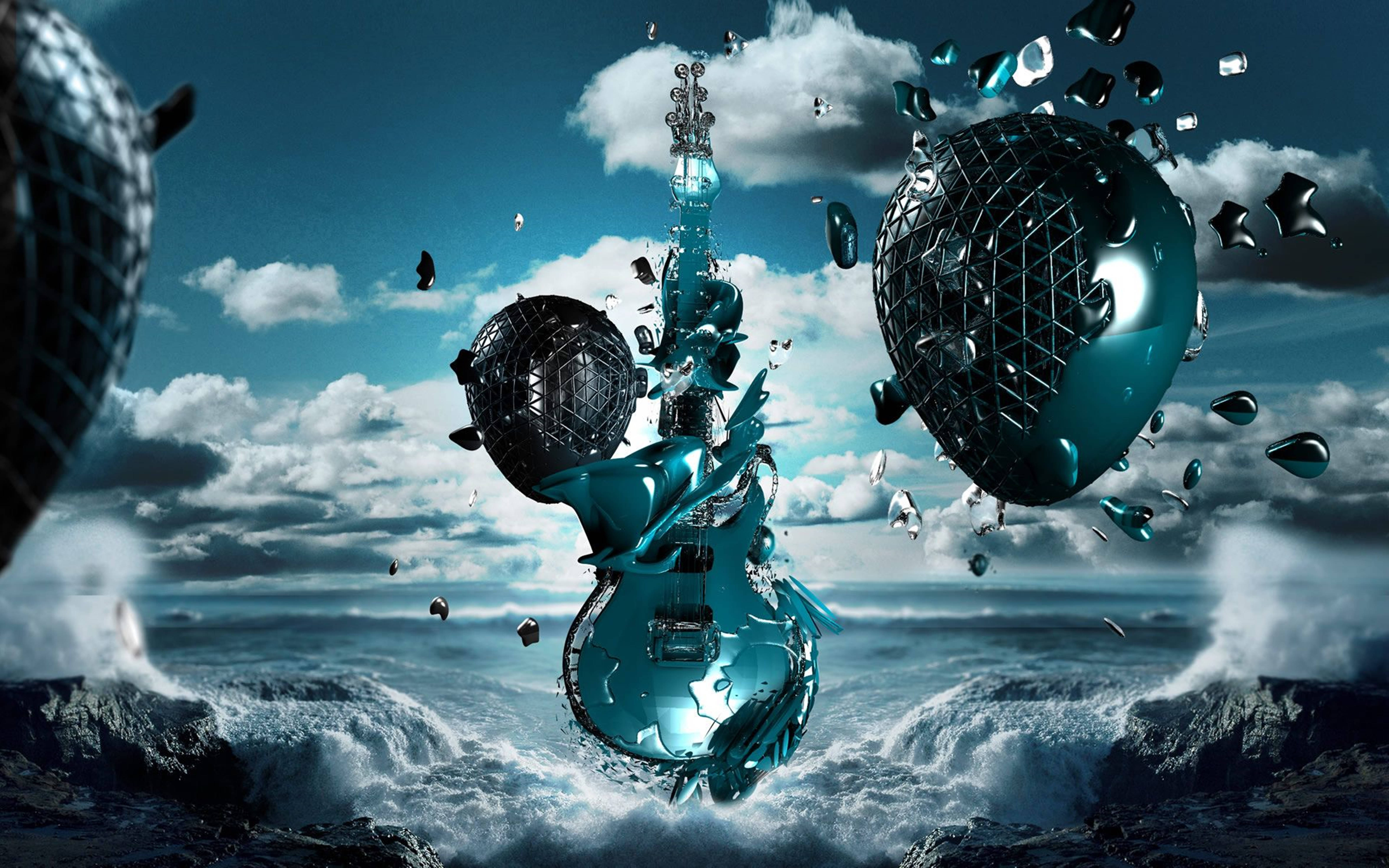 turquoise guitar, crashing ocean waves, stormy sky, 5K Desktop Wallpaper