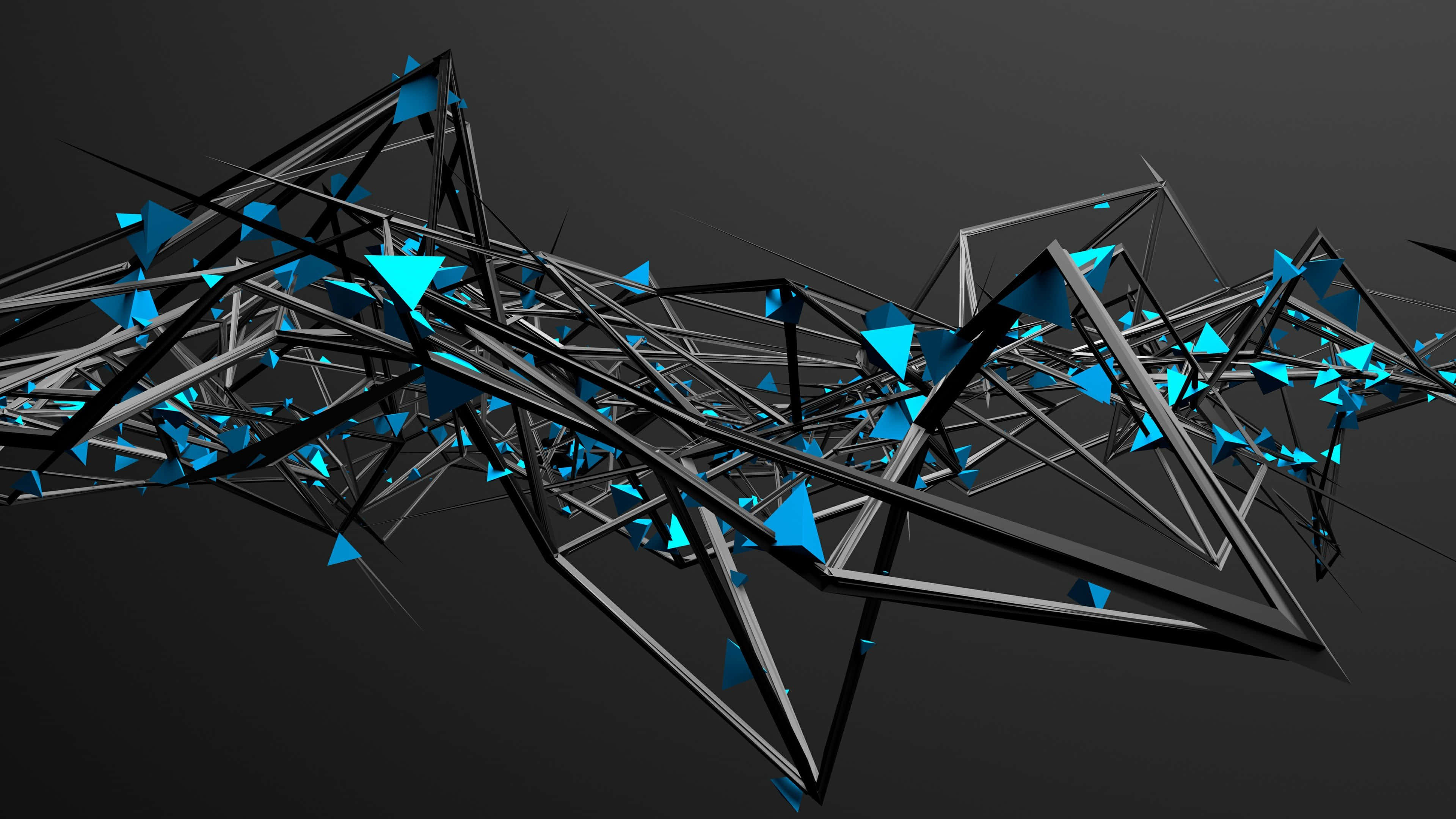 3D Abstract Artwork, black geometric frames, glowing blue triangles, 4K Desktop Wallpaper