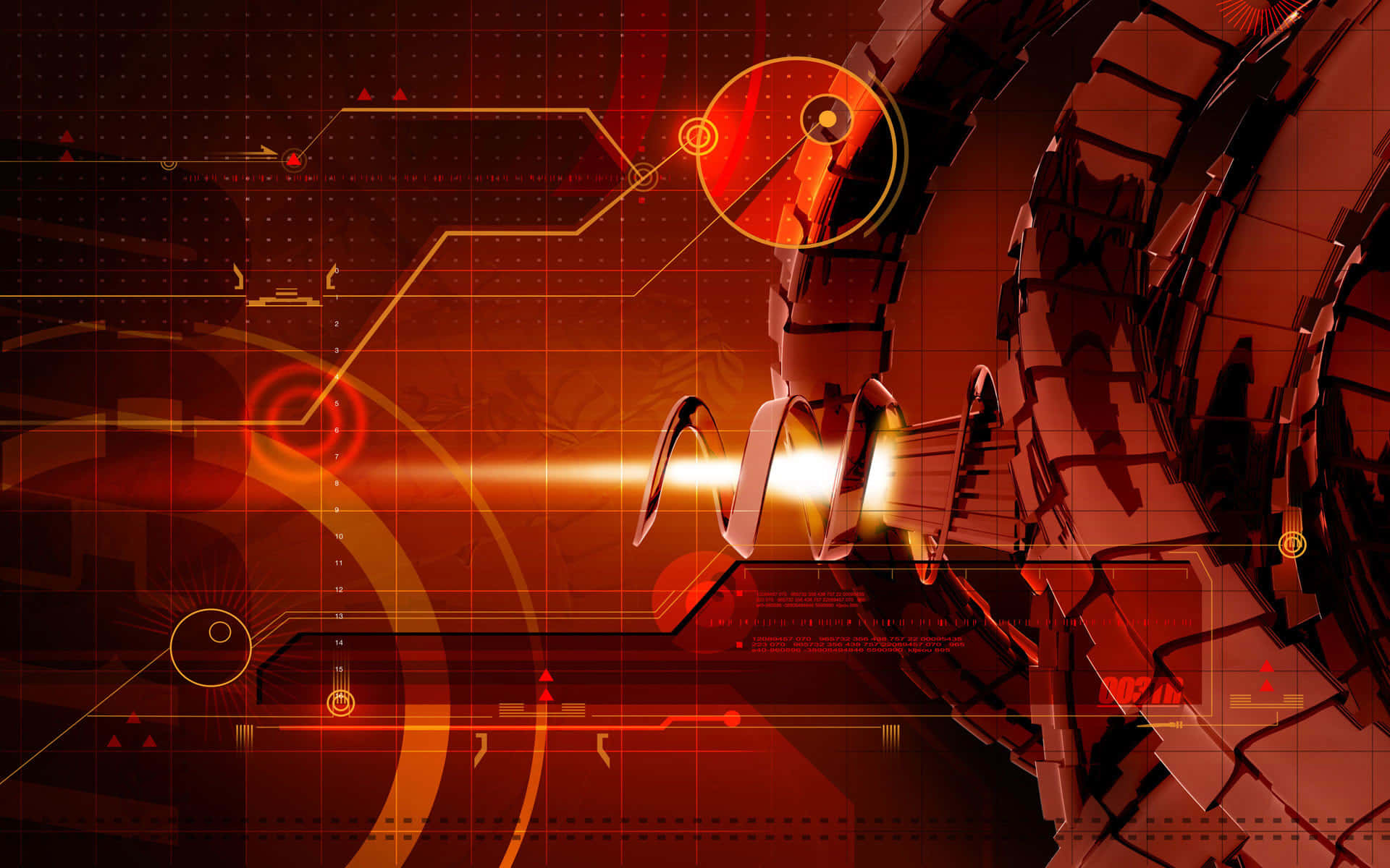 futuristic spacecraft, glowing orange engines, digital grid interface, Full HD Desktop Wallpaper