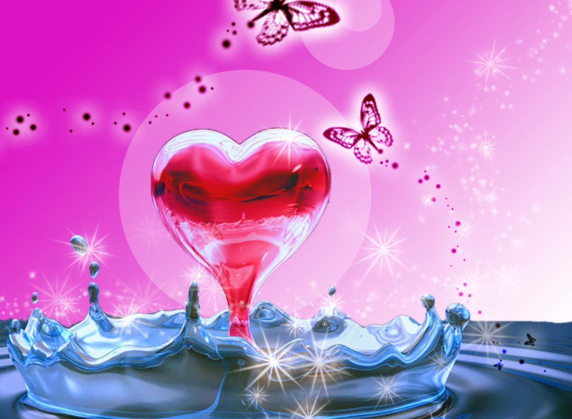 3d heart, glowing red heart-shaped droplet, blue water, Full HD Desktop Wallpaper