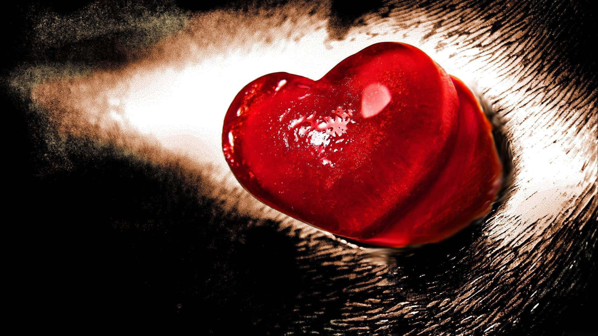 3d heart, glossy red heart-shaped jelly candy, swirling dark brown textured background, Full HD Desktop Wallpaper
