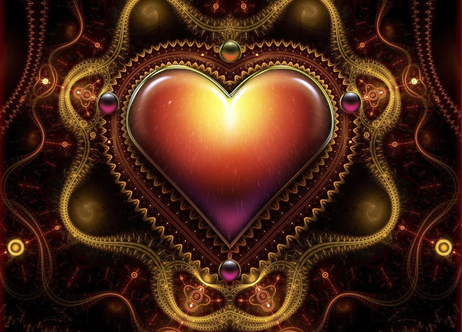 3d heart, glowing heart, golden gears, HD Desktop Wallpaper