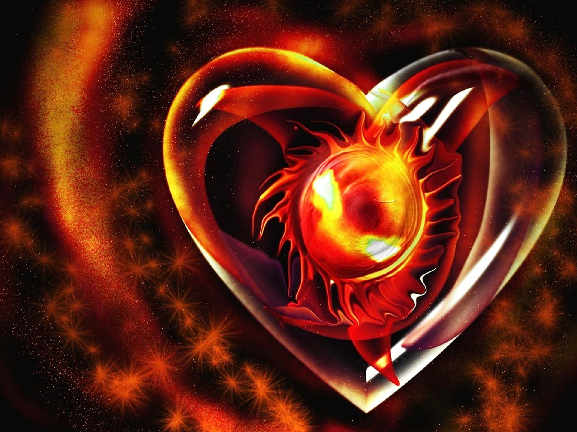 3d heart, fiery heart, sun core, Full HD Desktop Wallpaper