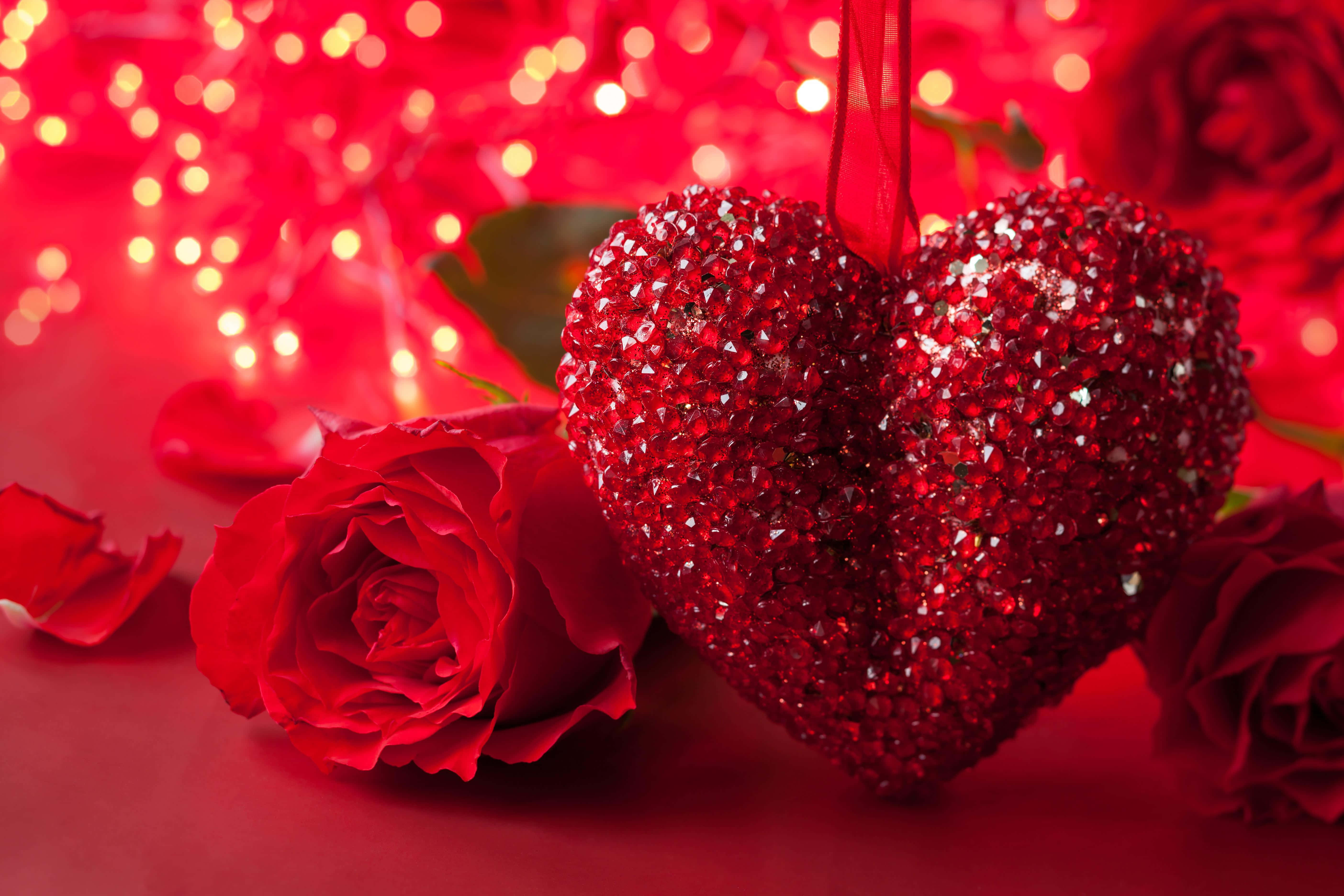3d heart, glittering red heart ornament, deep red roses, 5K Desktop Wallpaper