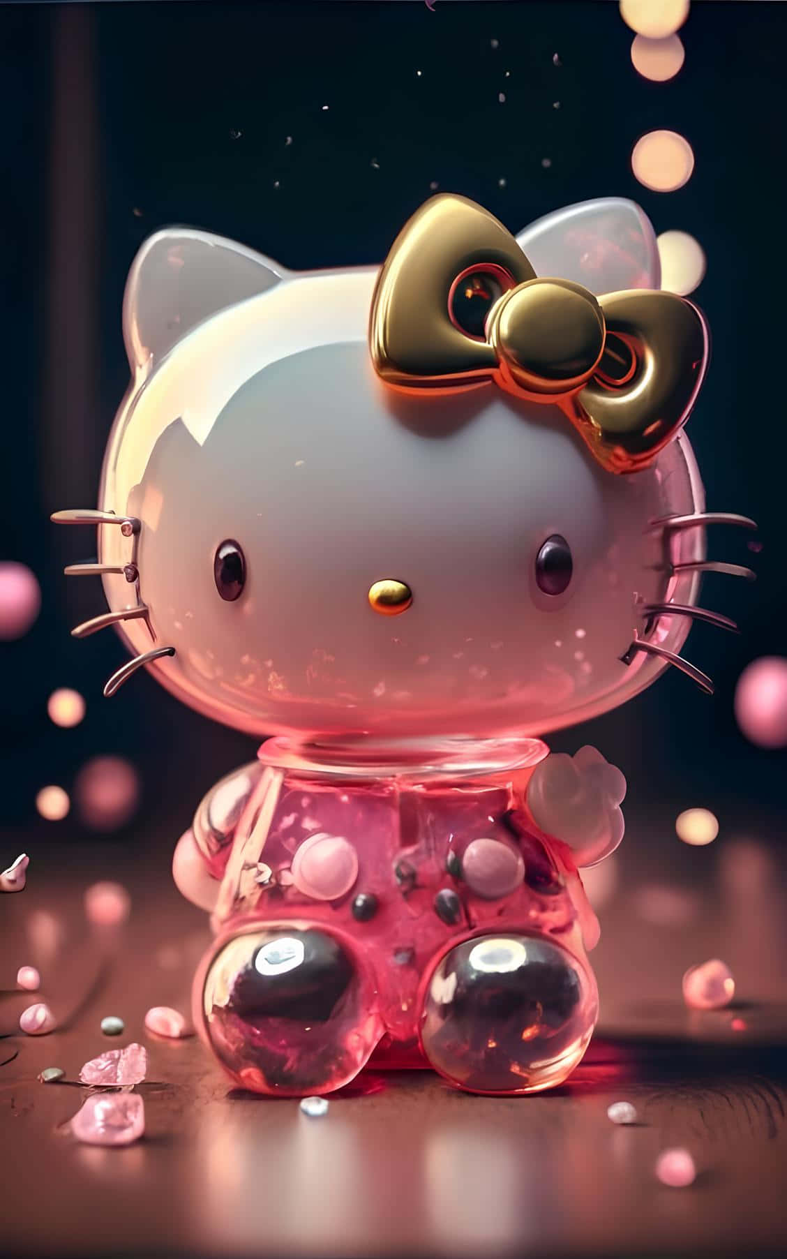 3d Hello Kitty, glossy pink, gold bow, HD Phone Wallpaper