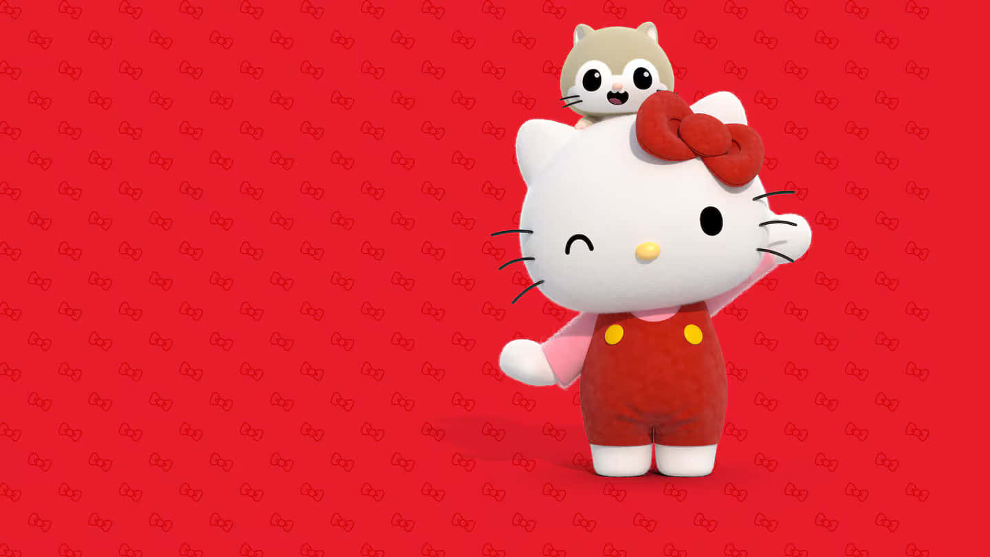 Hello Kitty, red overalls, small cat on her head, HD Desktop Wallpaper