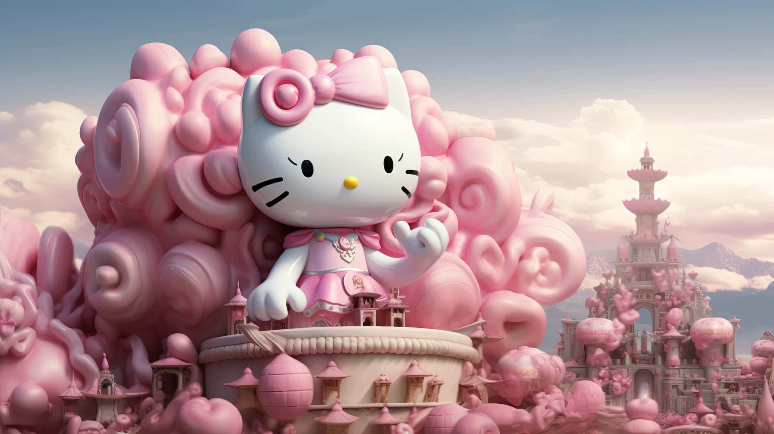 Hello Kitty, pink castle, pink curls, 2K Desktop Wallpaper