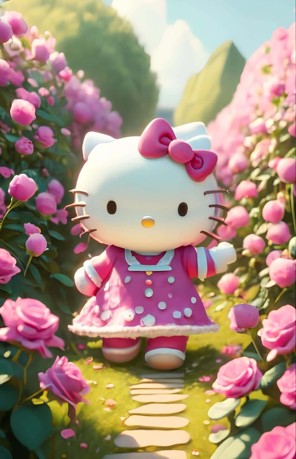 Hello Kitty, pink polka-dot dress, stone path, HD Phone Wallpaper
